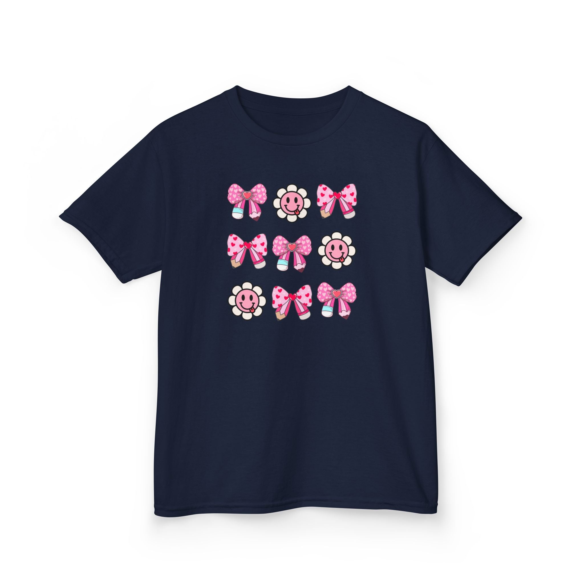 Kids Tee — Pink Bow & Smiling Flower Pattern Cute Graphic Shirt