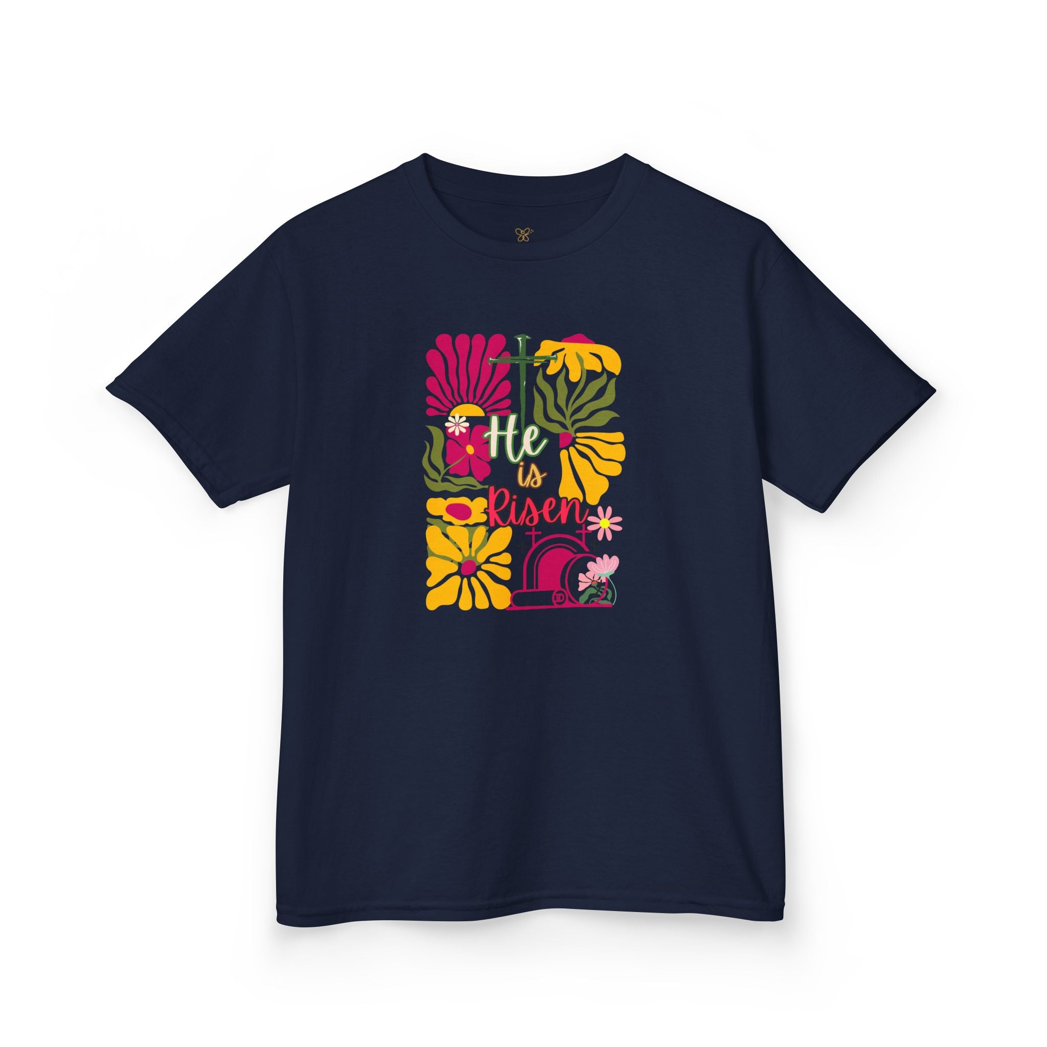 Kids Tee — "He Is Risen" Boho Floral Easter Shirt
