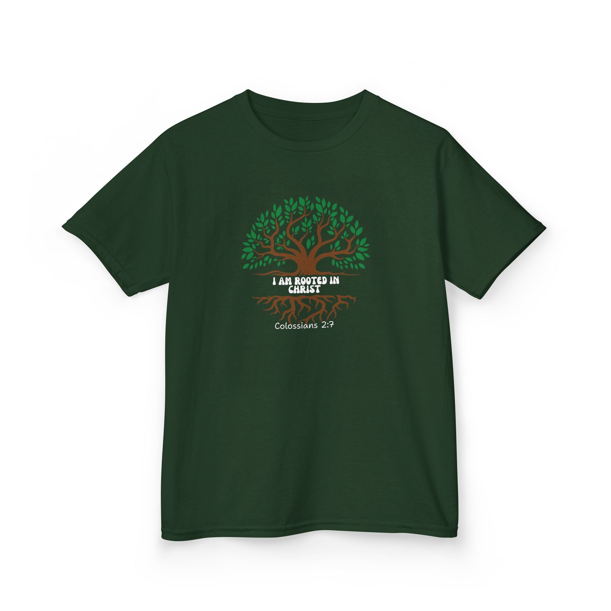 Kids Tee — "I Am Rooted & Built Up" Tree of Life Christian Scripture Shirt (Colossians 2:7)