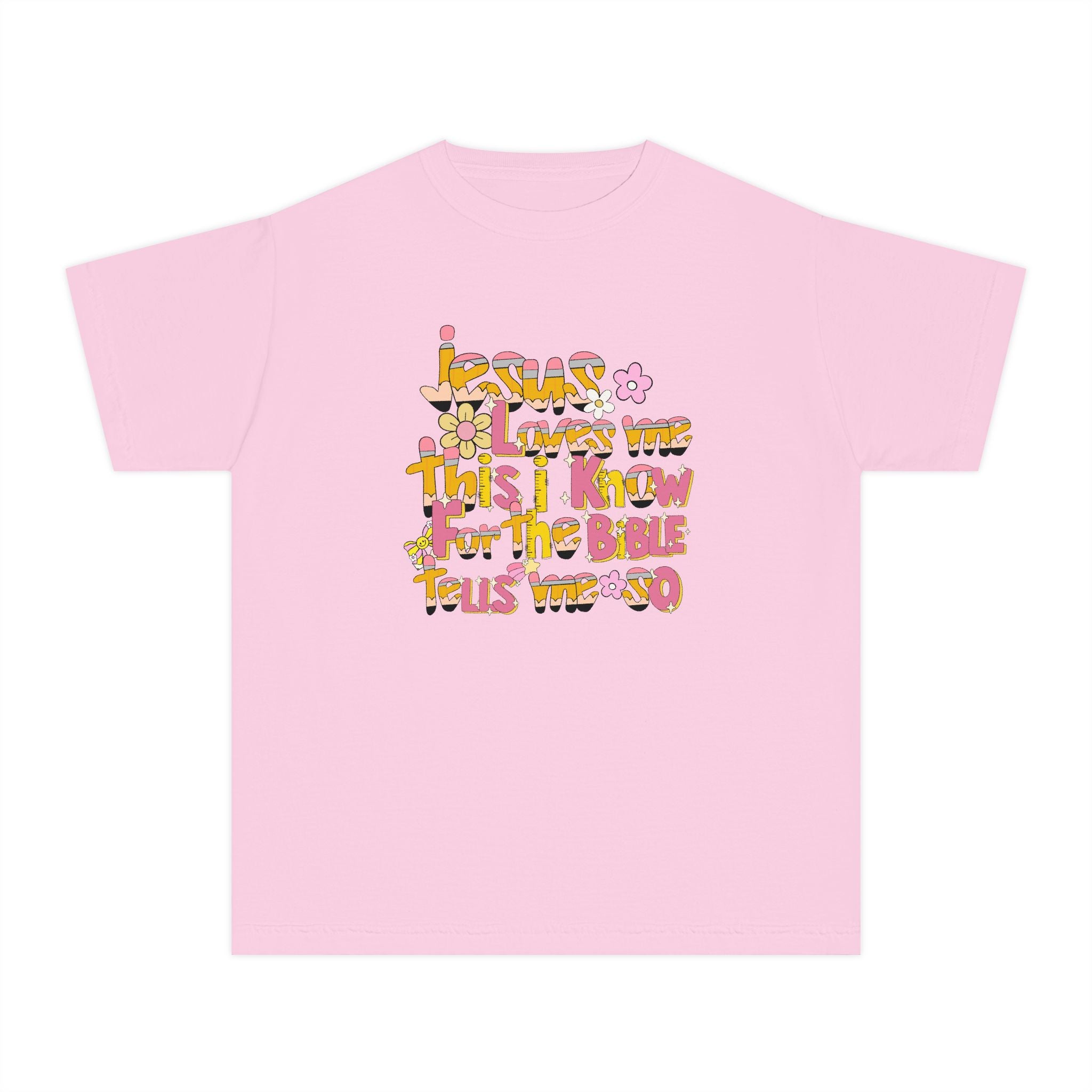 Youth Tee — Retro Floral 'Jesus Loves Me' Christian Kids Shirt