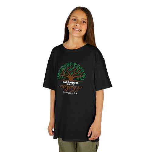 Kids Tee — "I Am Rooted & Built Up" Tree of Life Christian Scripture Shirt (Colossians 2:7)