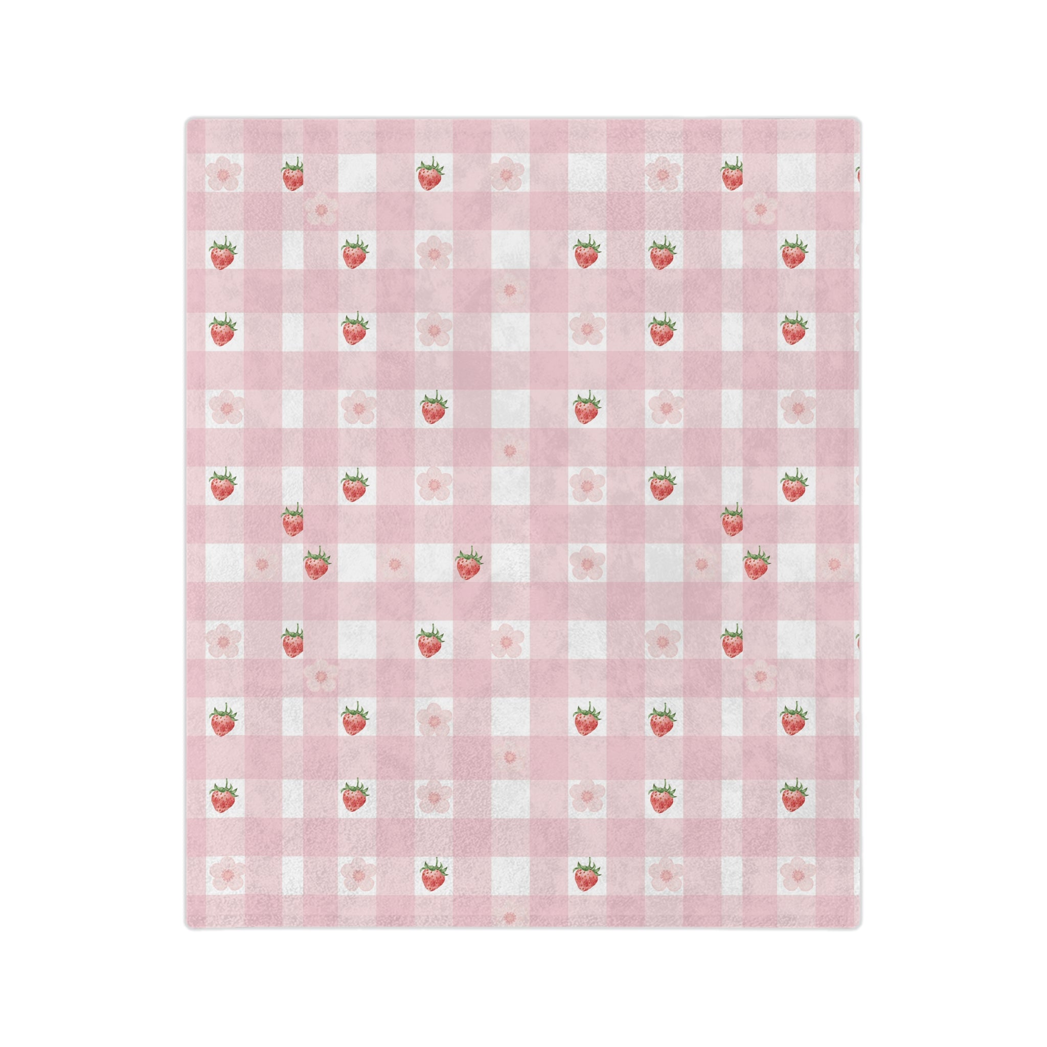Pink Gingham Strawberry Throw Blanket — Cozy Velveteen Microfiber for Nursery, Picnic & Spring Décor