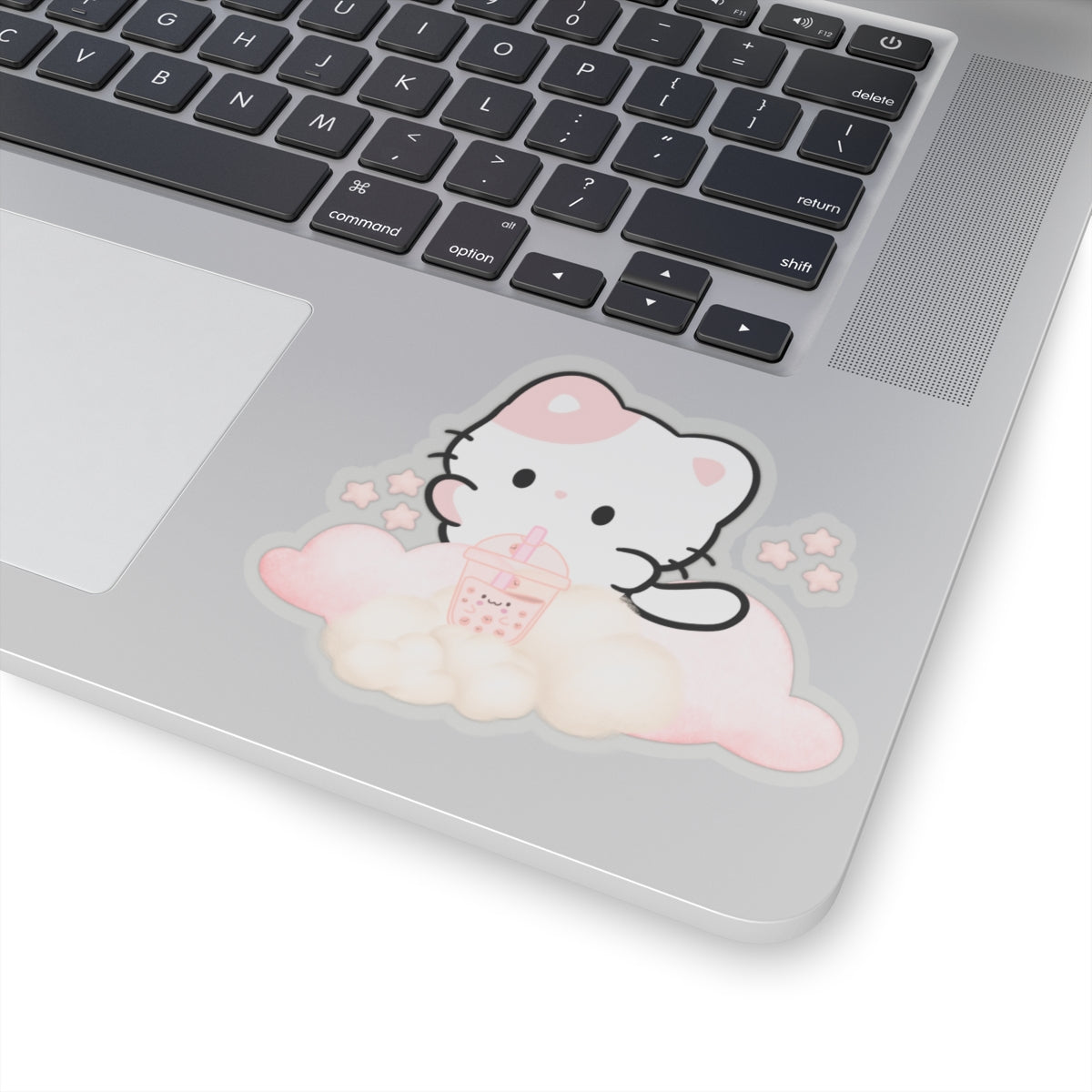 Kawaii Cat Bubble Tea Sticker — Pastel Cloud Kiss-Cut Vinyl