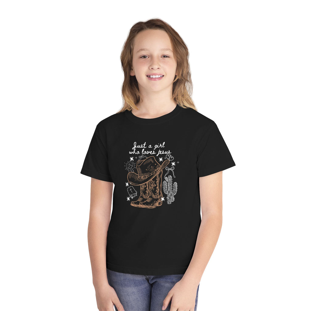 Youth Tee - 'Just a Girl Who Loves Jesus' Western Cowboy  Christian Shirt