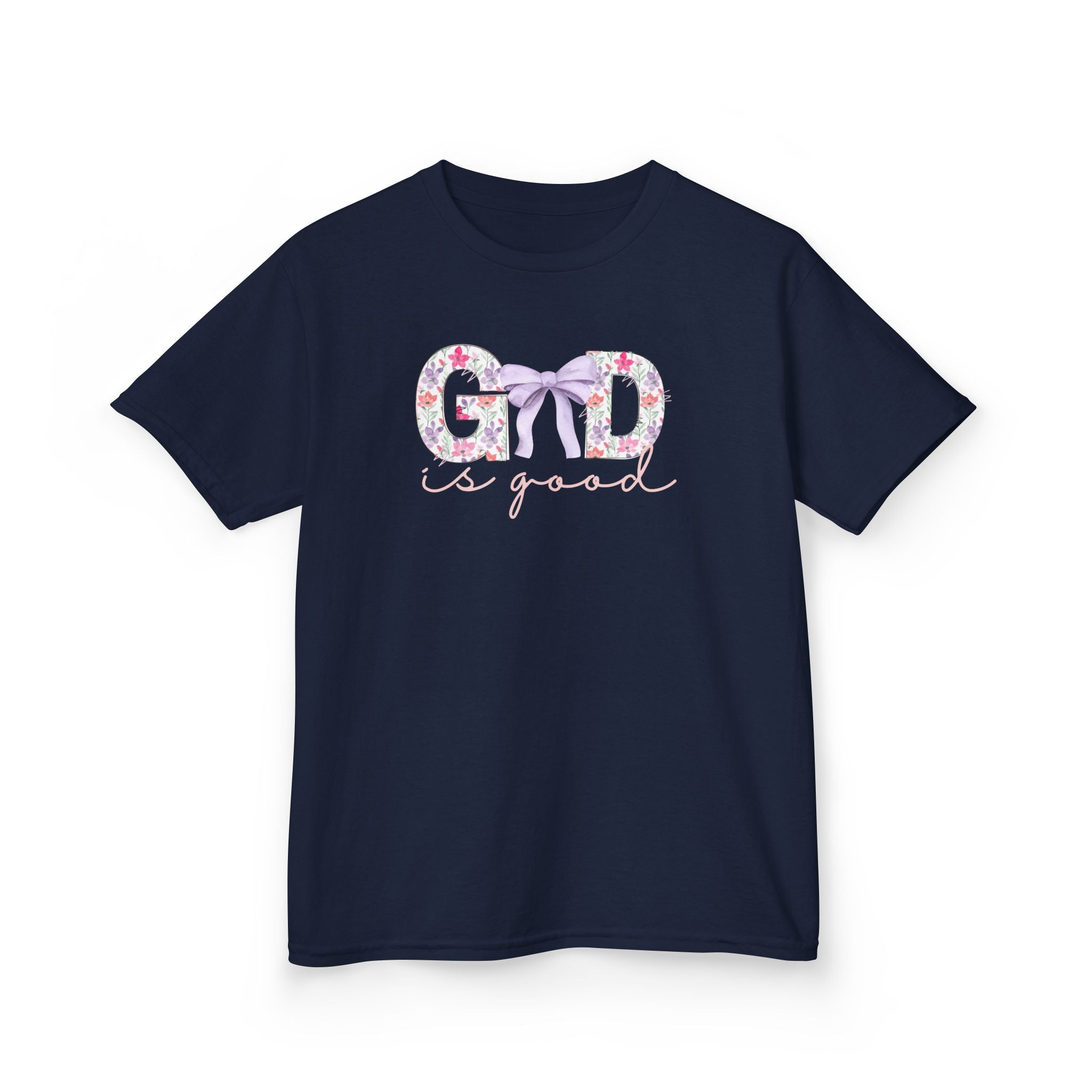 Kids Tee — "God Is Good" Floral Bow Christian Shirt