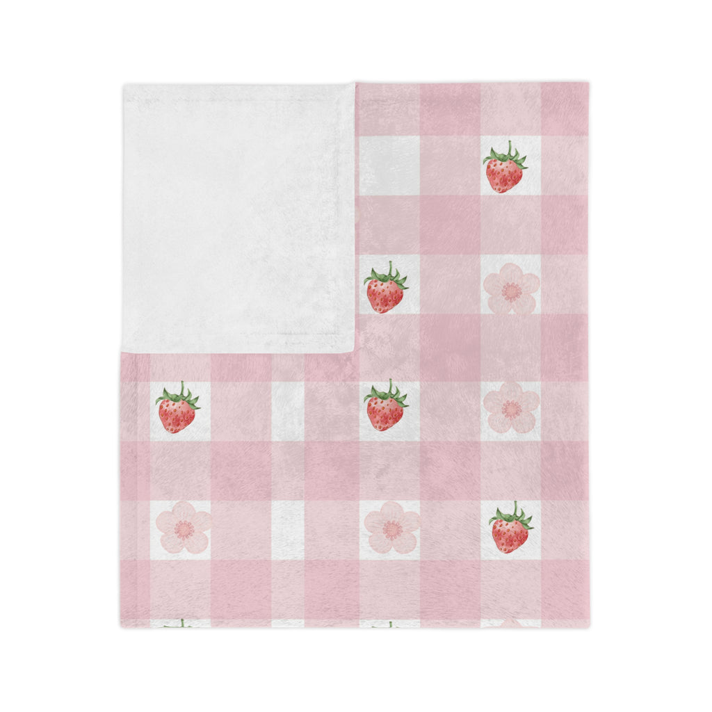 Pink Gingham Strawberry Throw Blanket — Cozy Velveteen Microfiber for Nursery, Picnic & Spring Décor