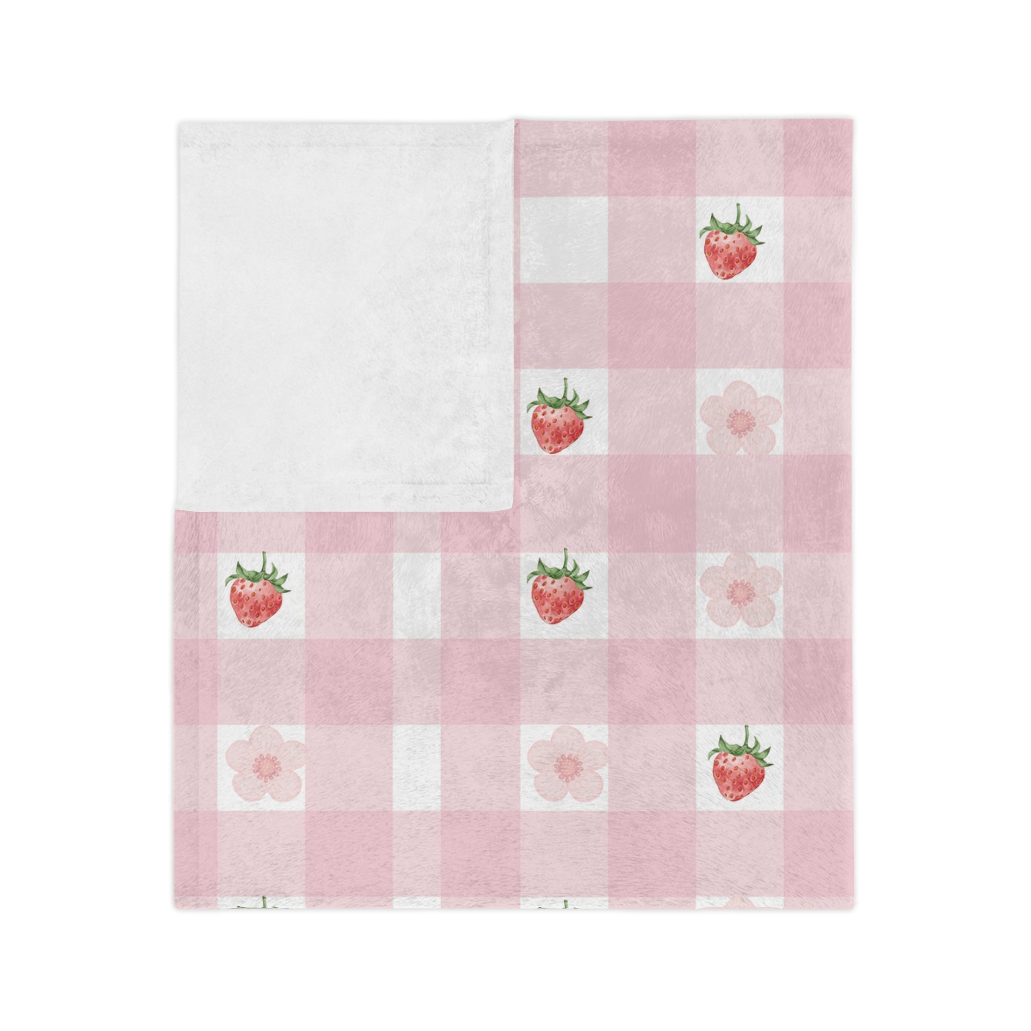 Pink Gingham Strawberry Throw Blanket — Cozy Velveteen Microfiber for Nursery, Picnic & Spring Décor