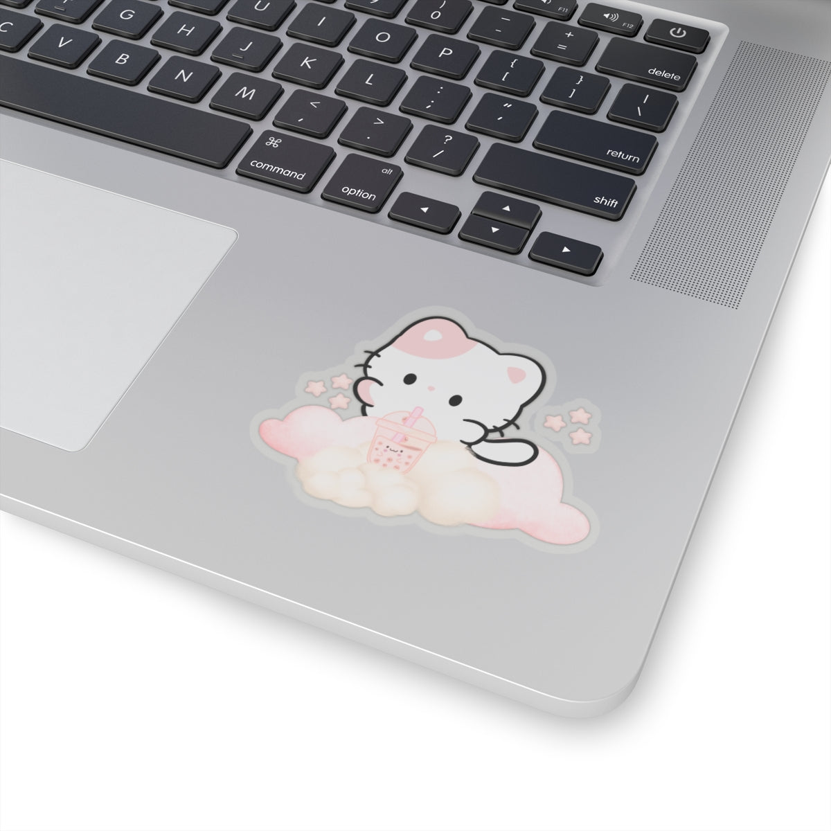 Kawaii Cat Bubble Tea Sticker — Pastel Cloud Kiss-Cut Vinyl