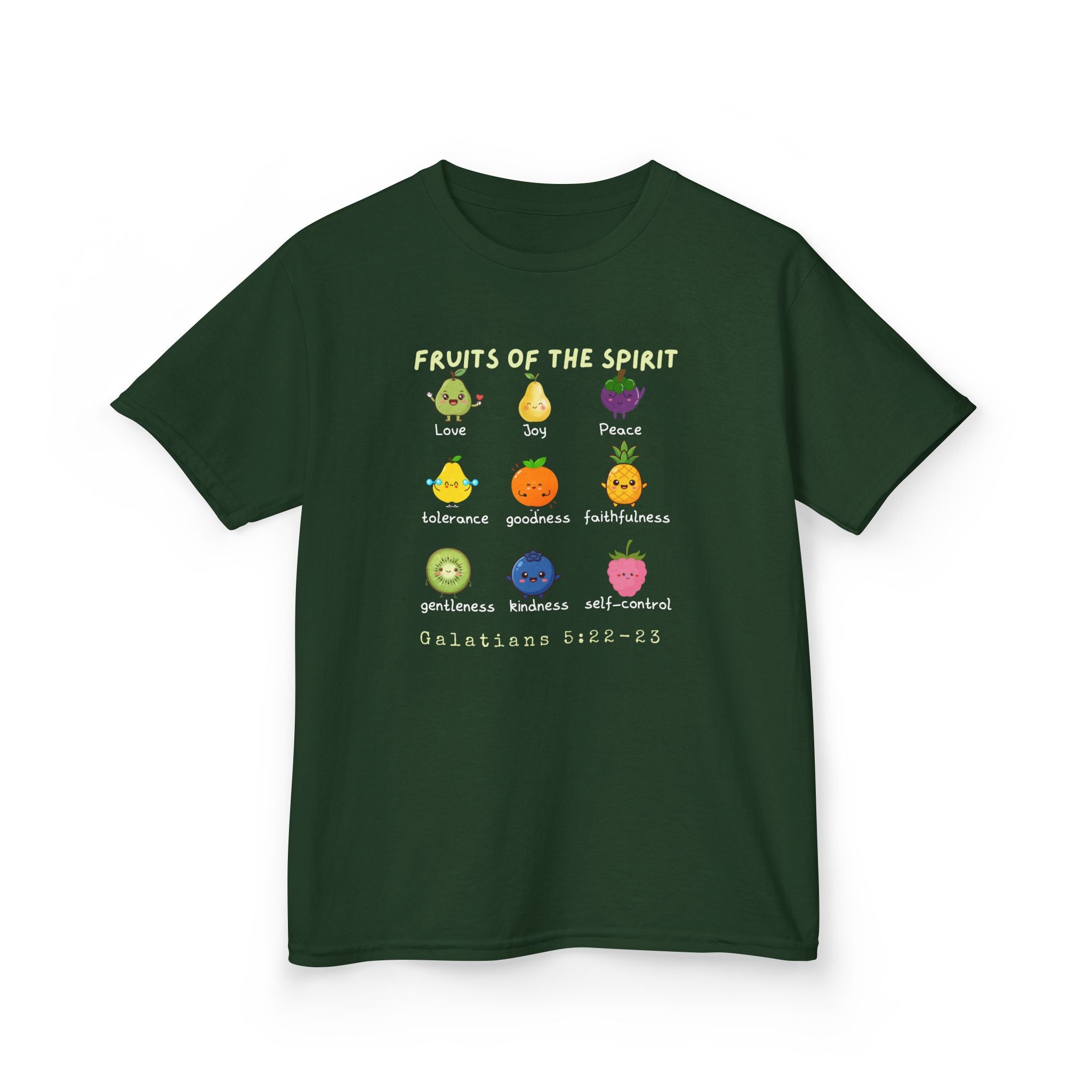 Fruits of the Spirit Kids T‑Shirt — Colorful Christian Bible Verse Tee (Galatians 5:22-23)
