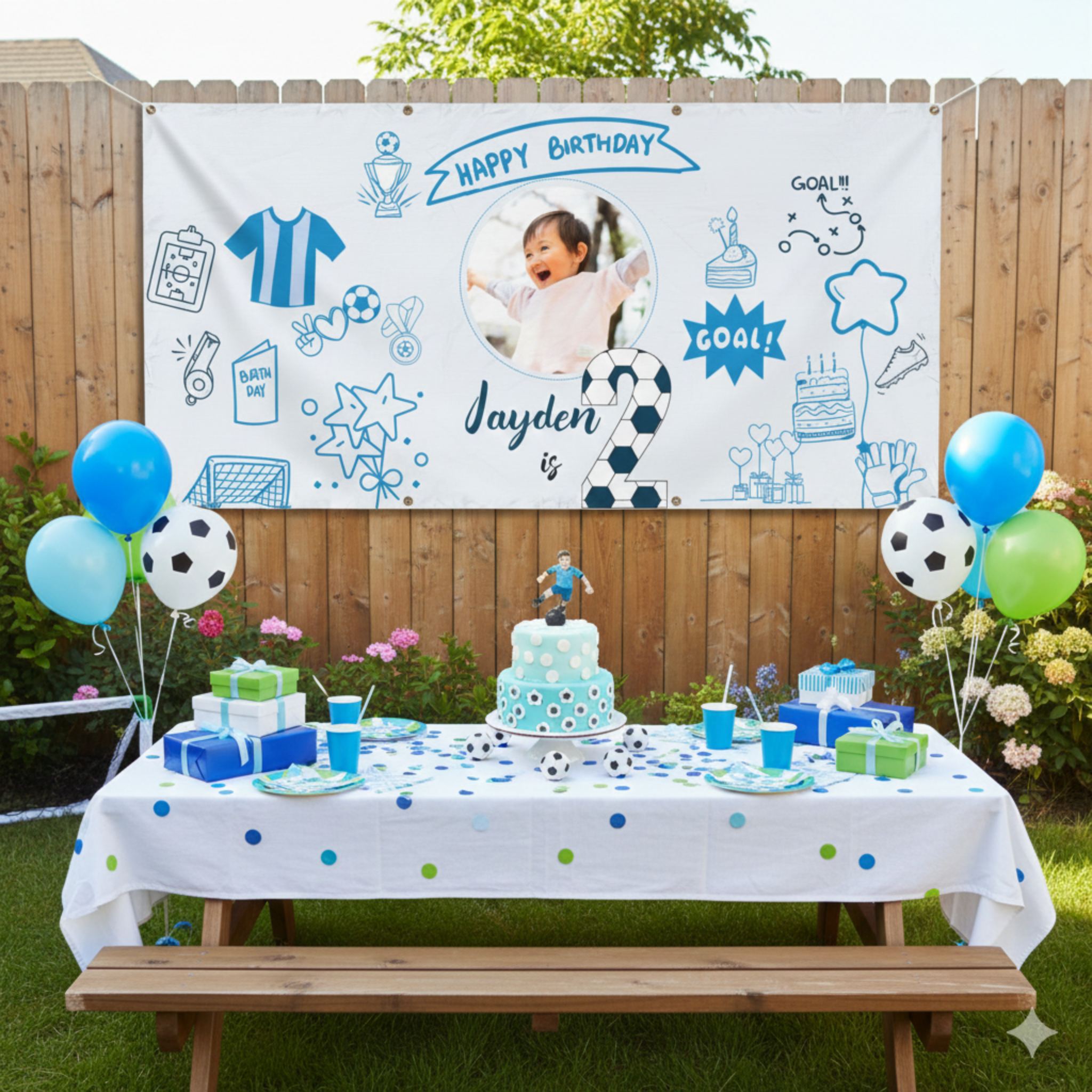 Soccer Birthday Photo Banner, Vinyl Banner | Custom Name, Blue Doodle Sports Theme