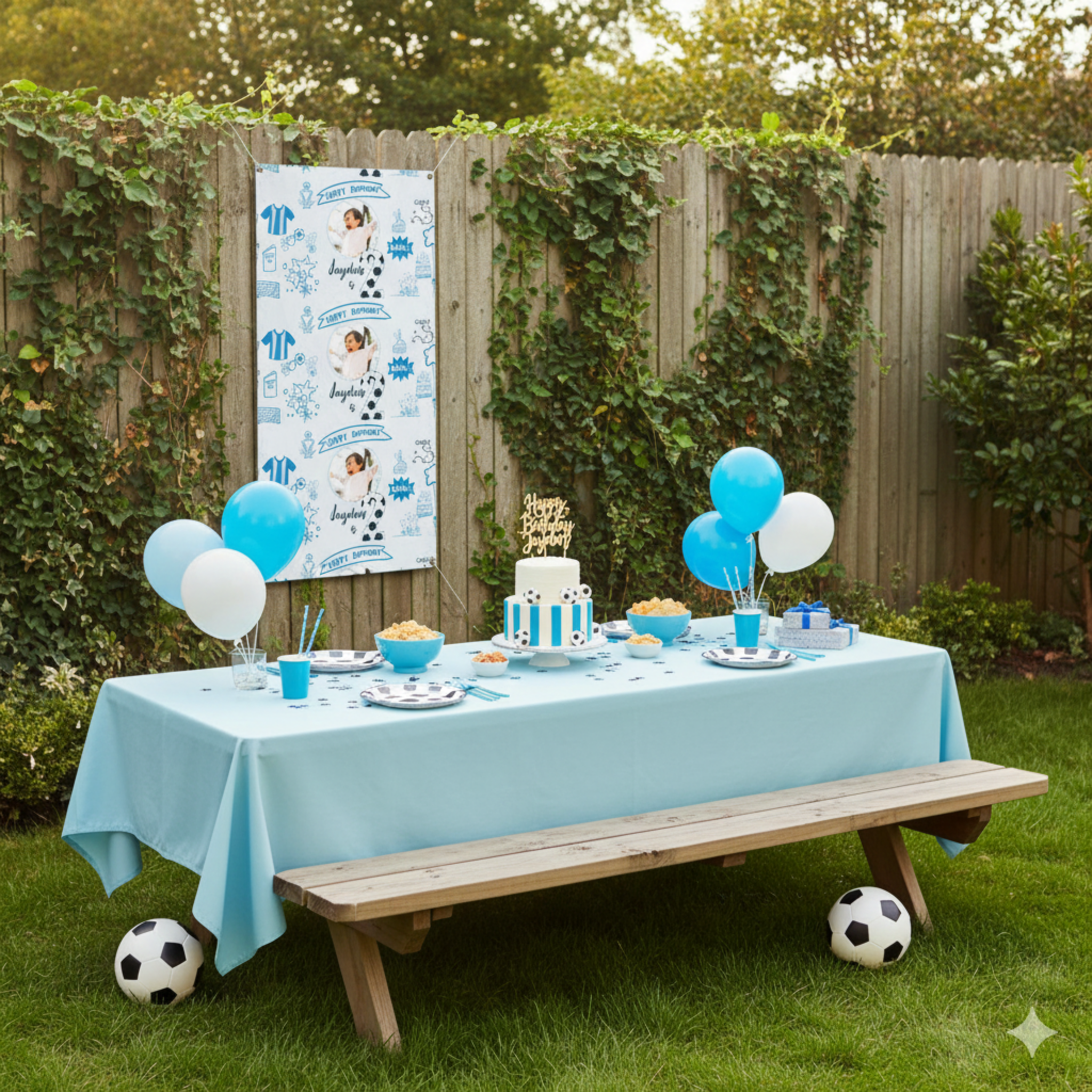 Soccer Birthday Photo Banner, Vinyl Banner | Custom Name, Blue Doodle Sports Theme