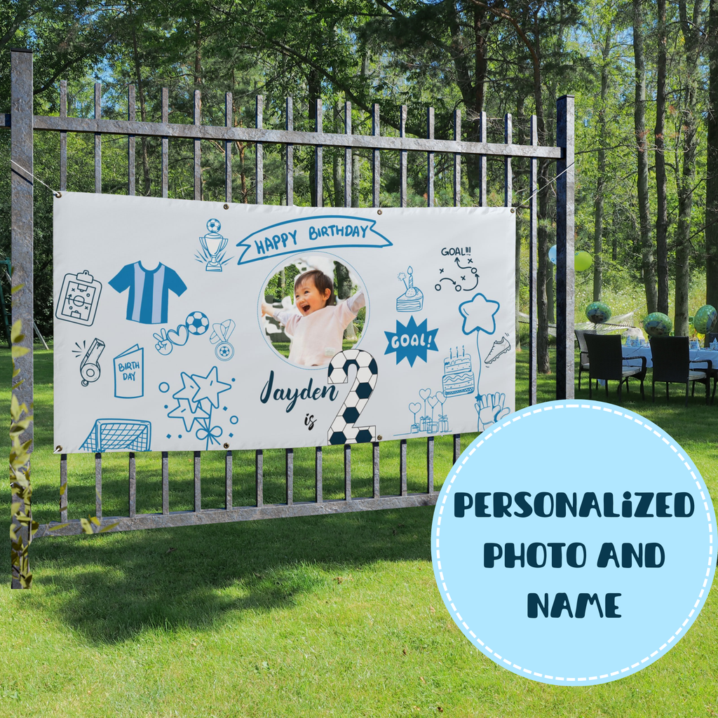 Soccer Birthday Photo Banner, Vinyl Banner | Custom Name, Blue Doodle Sports Theme