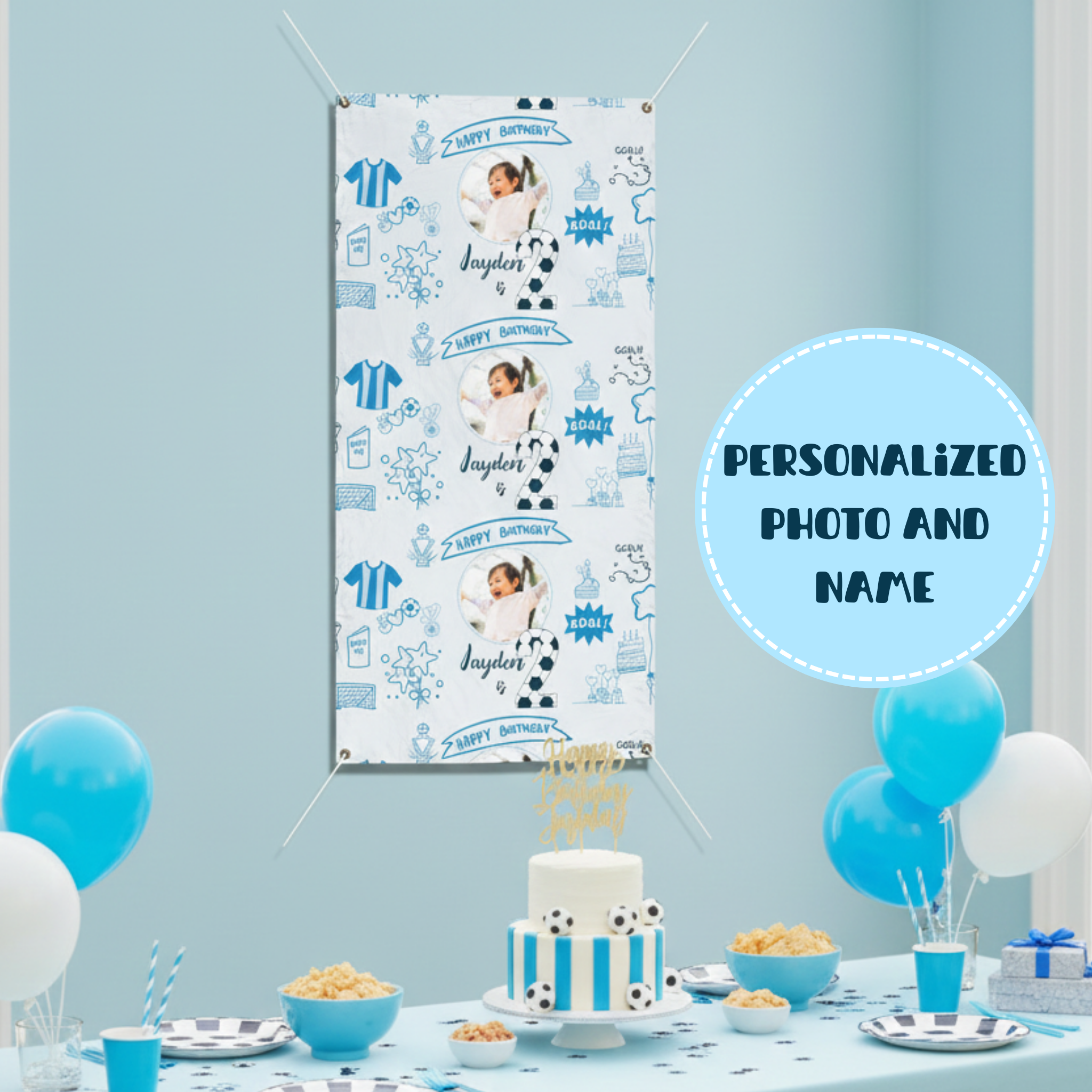 Soccer Birthday Photo Banner, Vinyl Banner | Custom Name, Blue Doodle Sports Theme