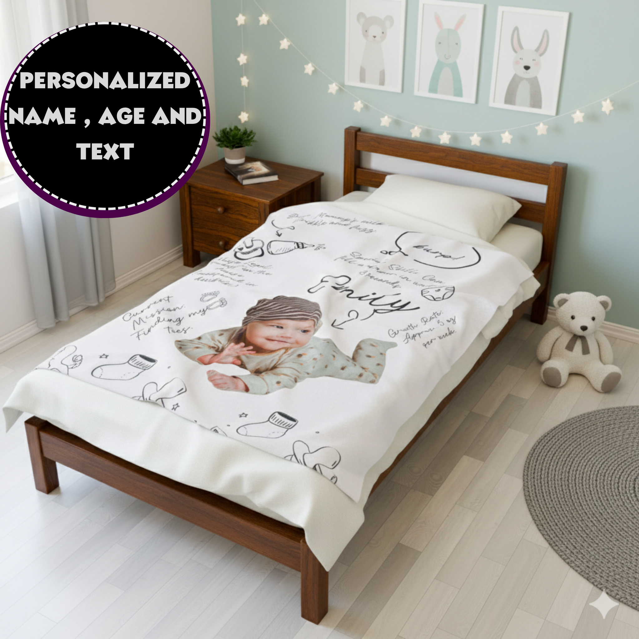Personalized Baby Photo Name Blanket Velveteen Plush Blanket | Custom Baby Milestone Design