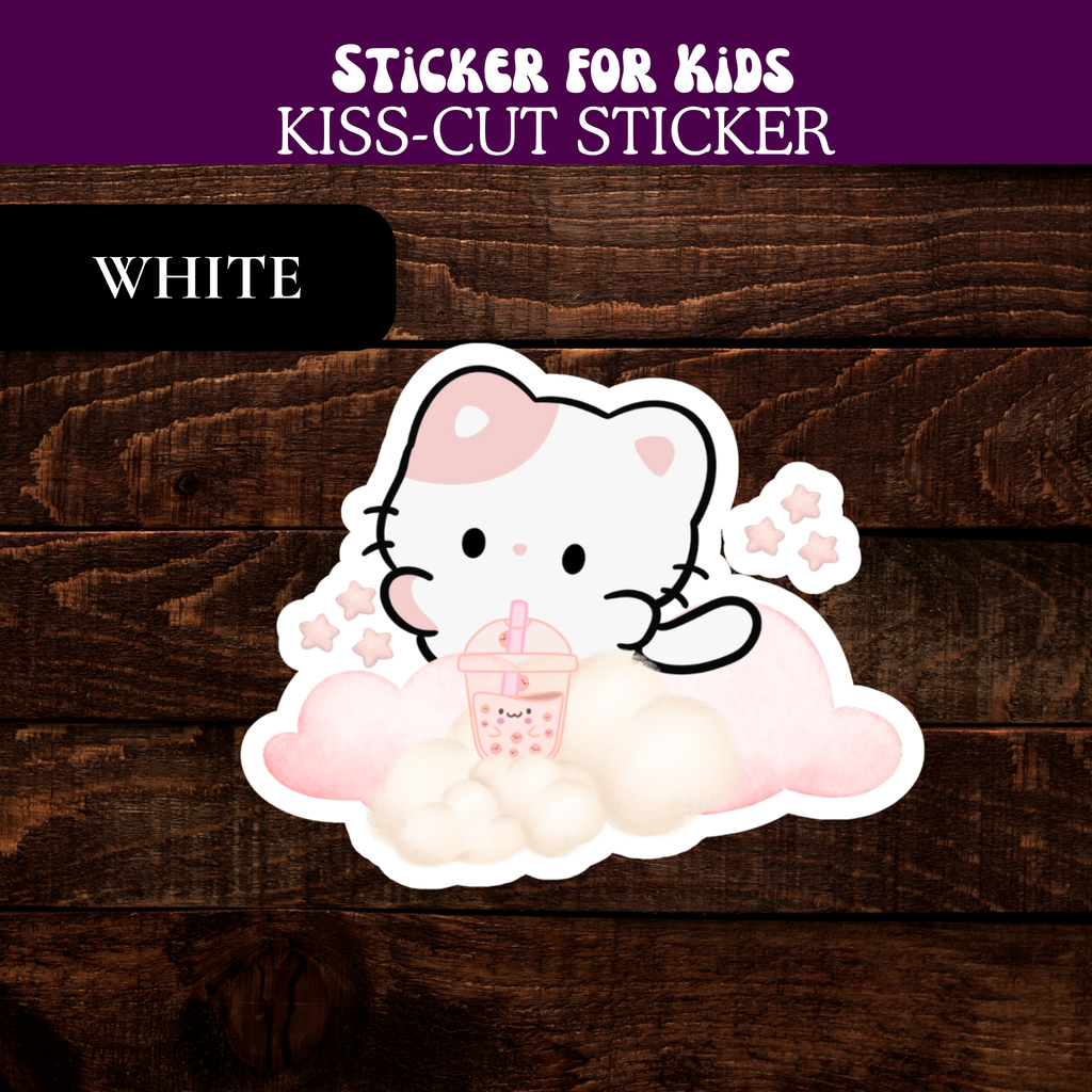 Kawaii Cat Bubble Tea Sticker — Pastel Cloud Kiss-Cut Vinyl