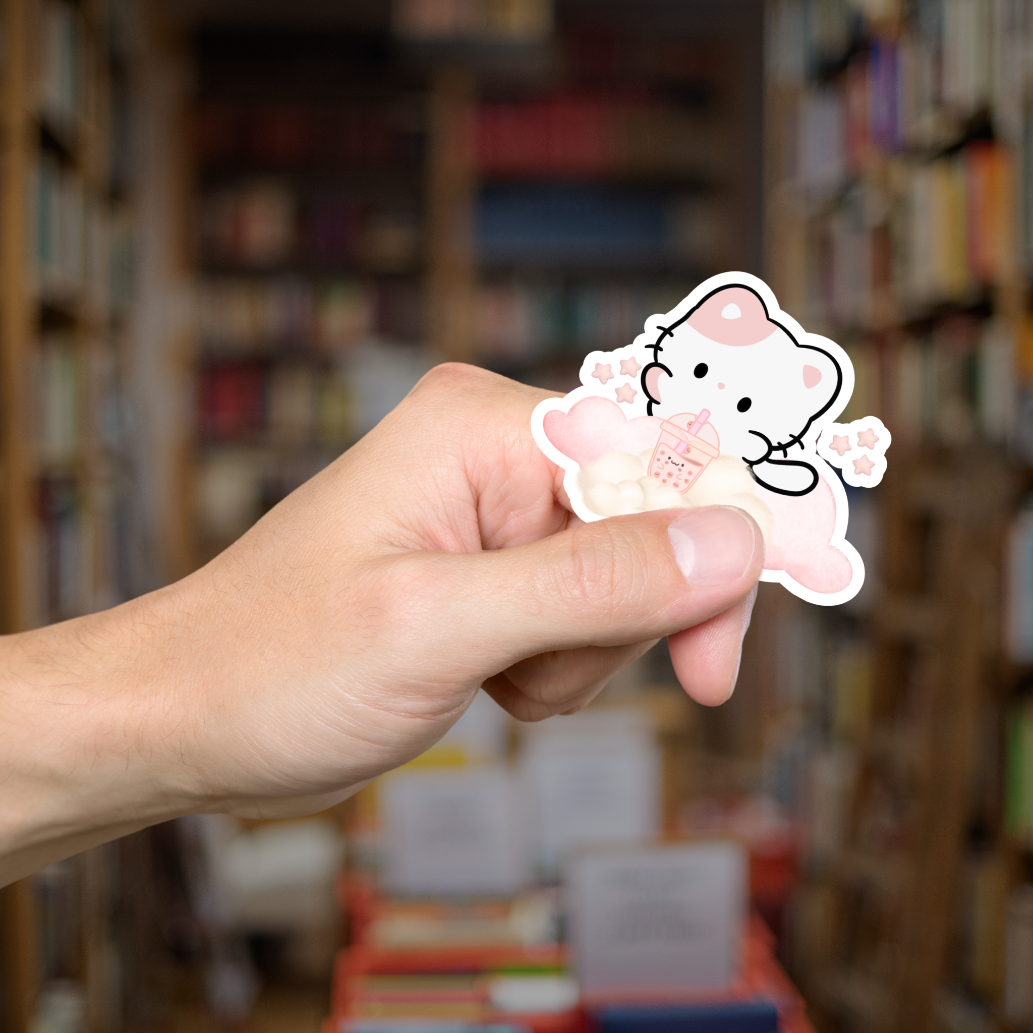 Kawaii Cat Bubble Tea Sticker — Pastel Cloud Kiss-Cut Vinyl