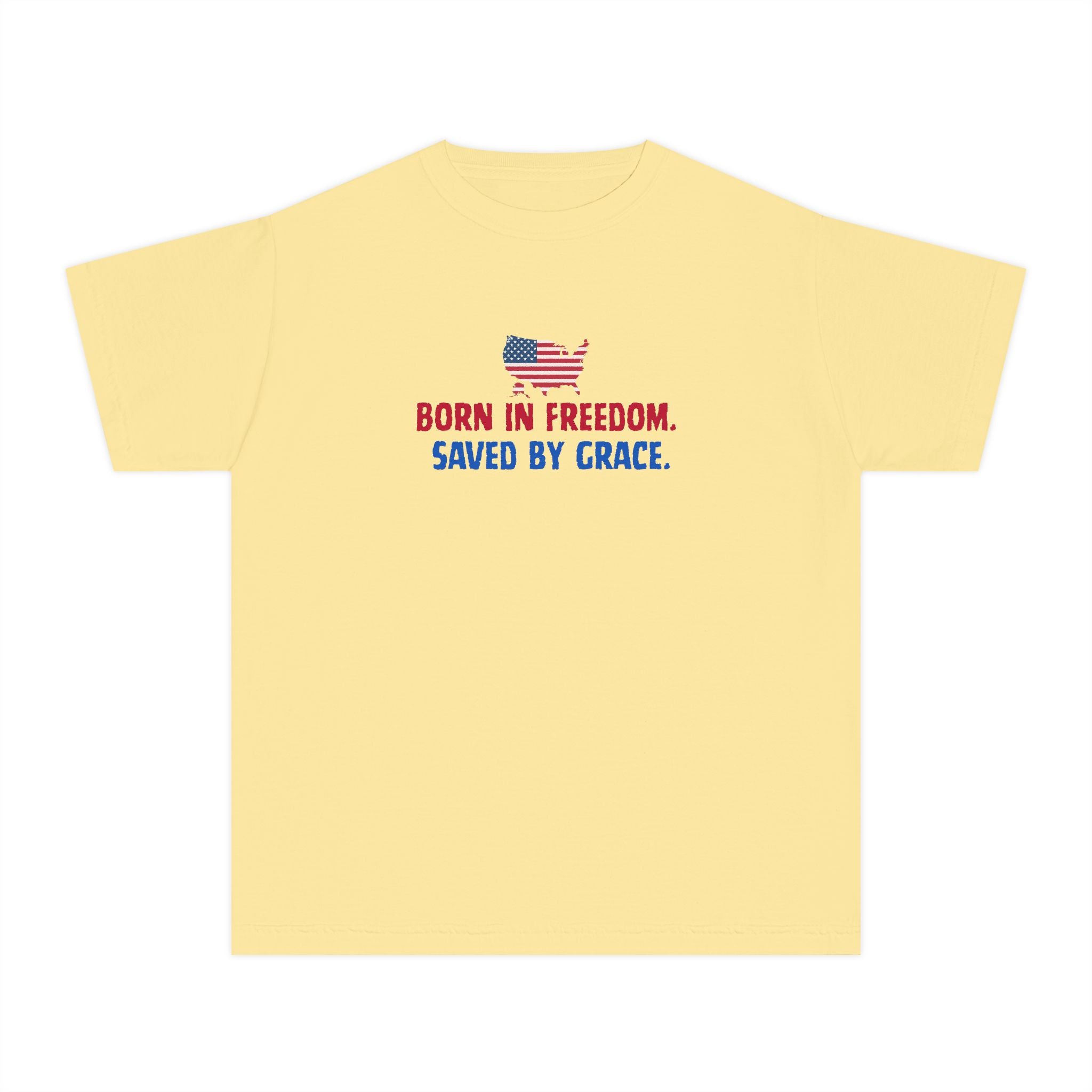 Youth Tee — "Born in freedom, saved by grace" Flag Design