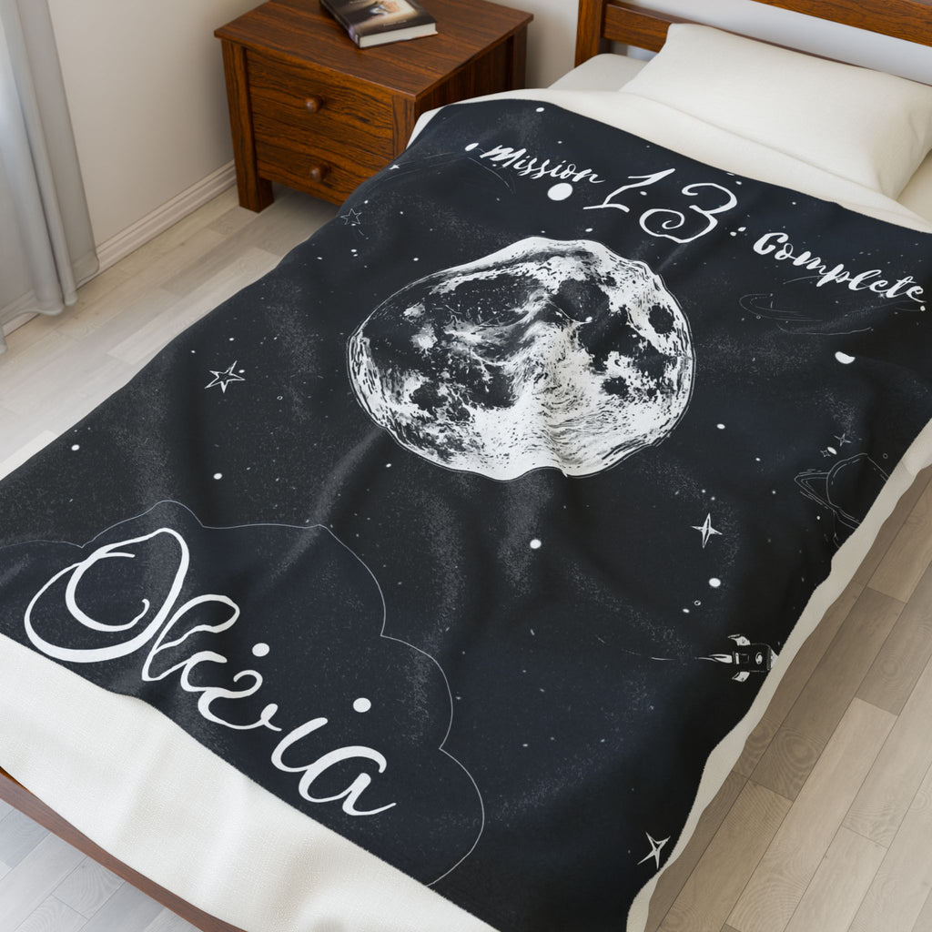 Personalized Moon & Stars Birthday Velveteen Plush Blanket || Custom Teen Birthday Gift