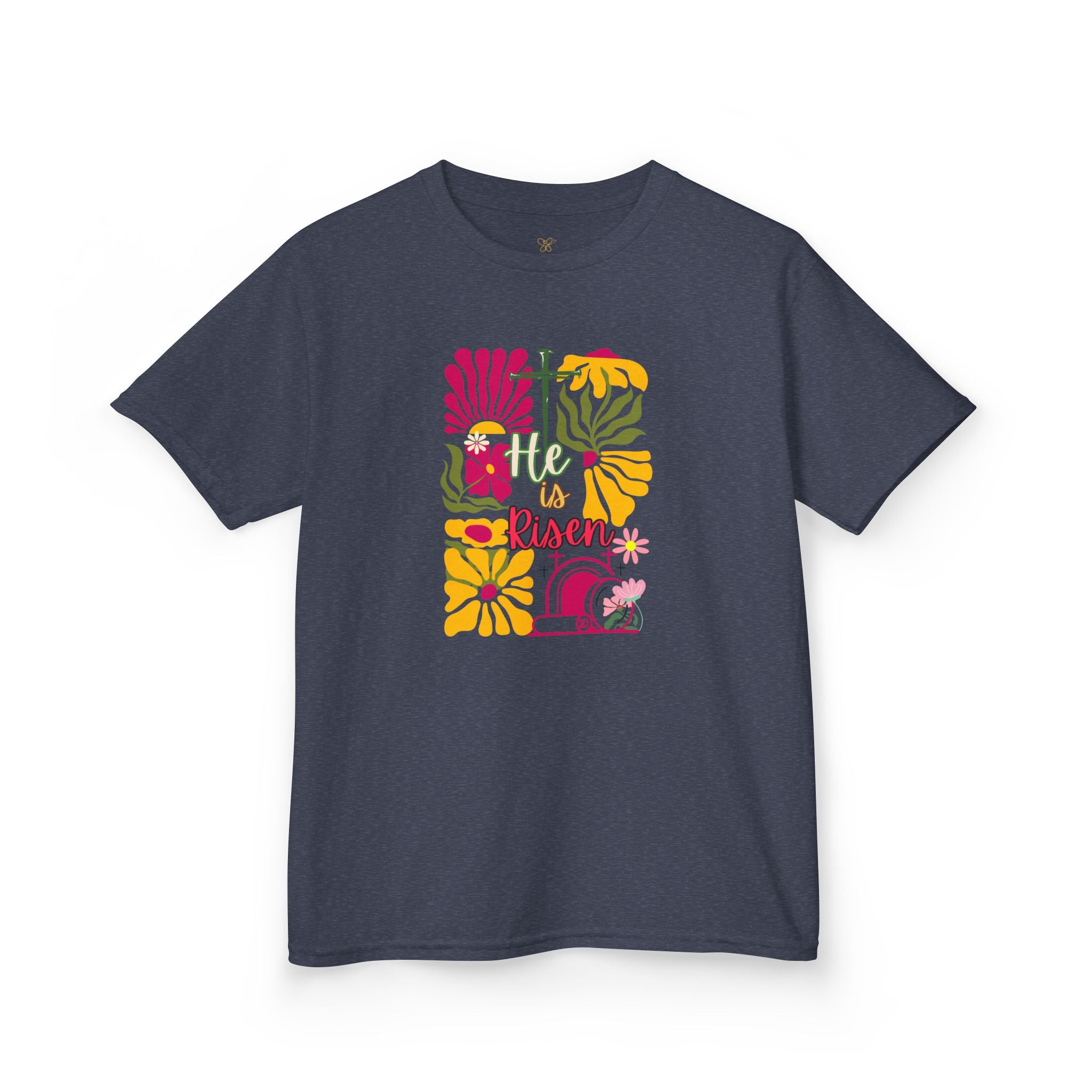 Kids Tee — "He Is Risen" Boho Floral Easter Shirt