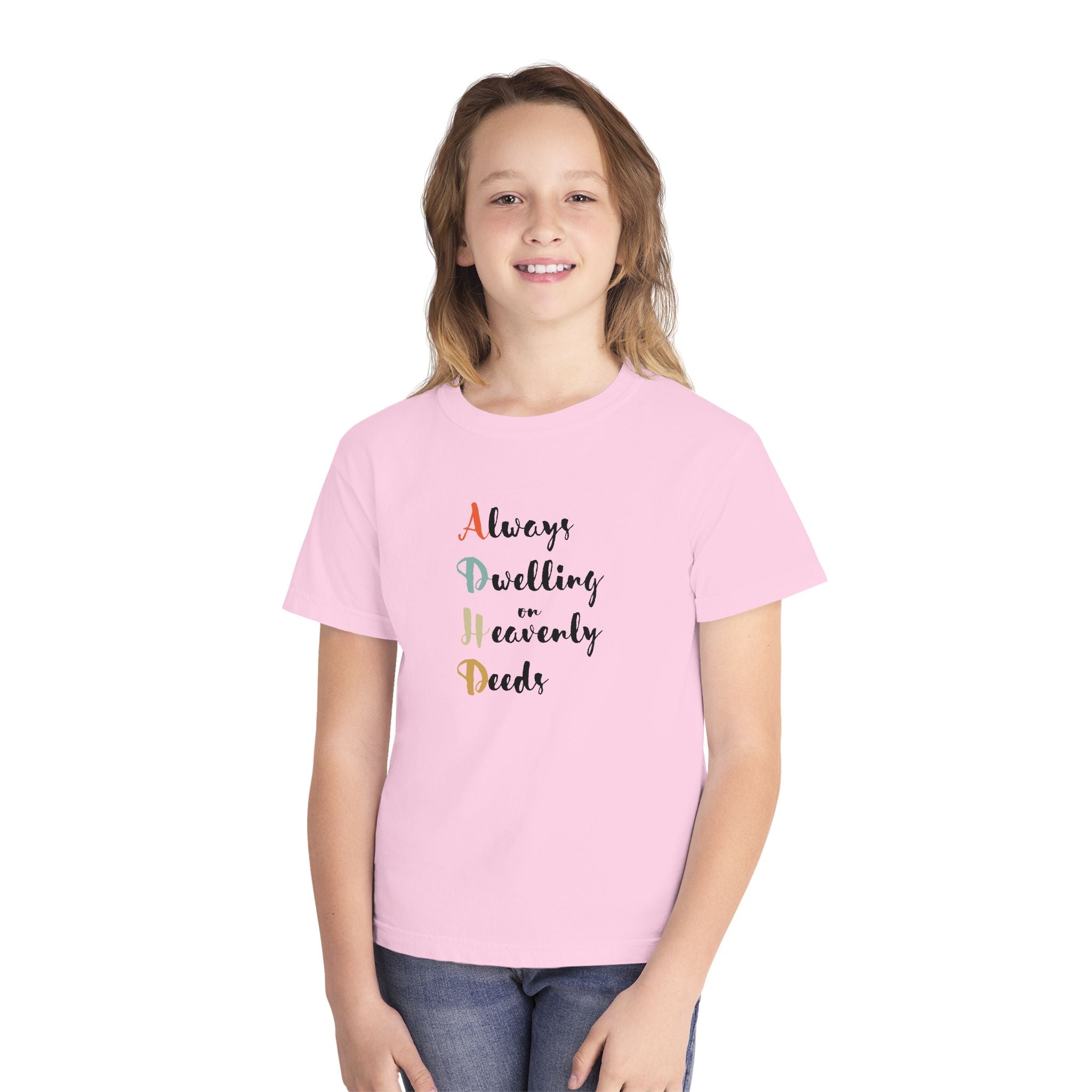 Youth Tee — "Always Dwelling on Heavenly Deeds" Inspirational Kids Shirt
