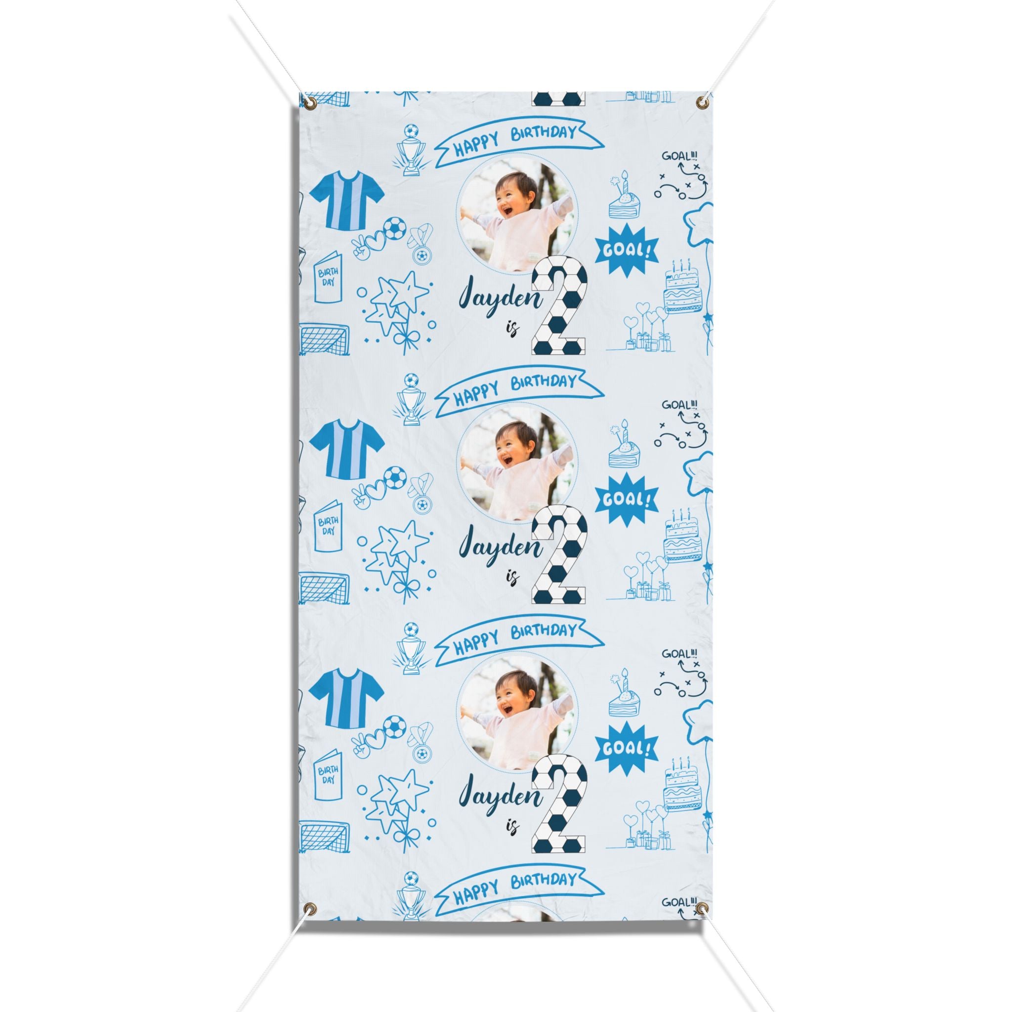 Soccer Birthday Photo Banner, Vinyl Banner | Custom Name, Blue Doodle Sports Theme