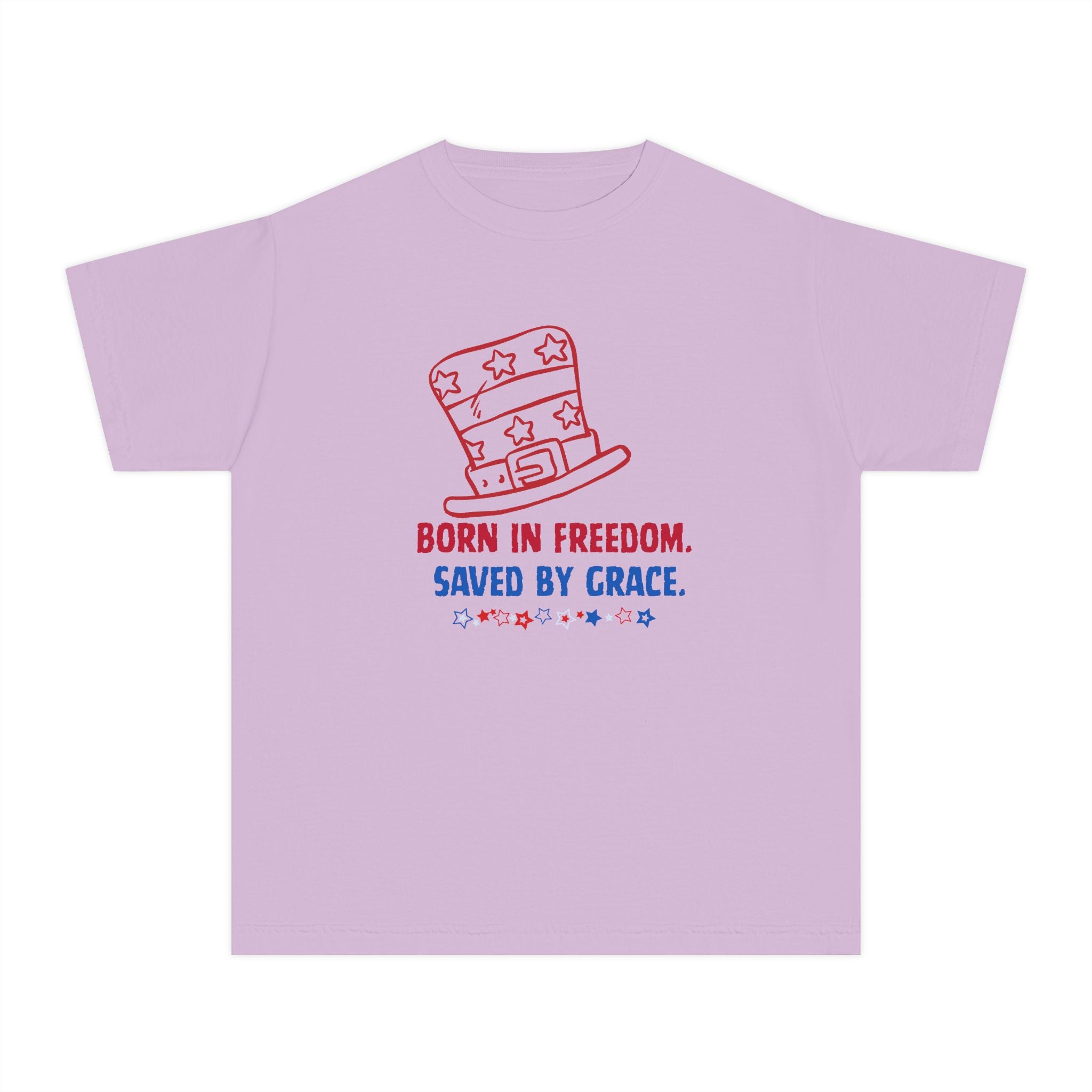 Youth Tee — "Born in Freedom. Saved by Grace." Patriotic Christian Kids T-Shirt
