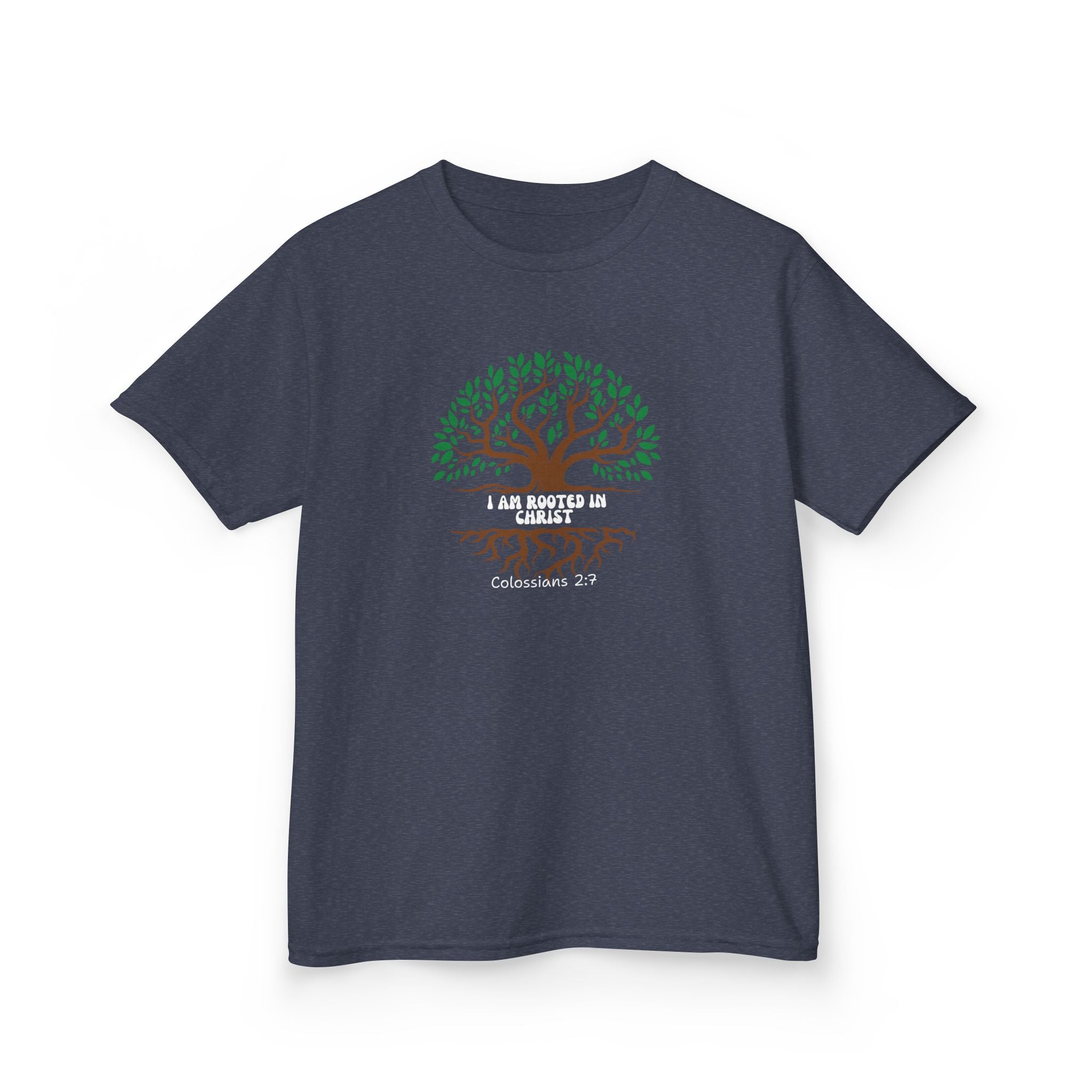 Kids Tee — "I Am Rooted & Built Up" Tree of Life Christian Scripture Shirt (Colossians 2:7)