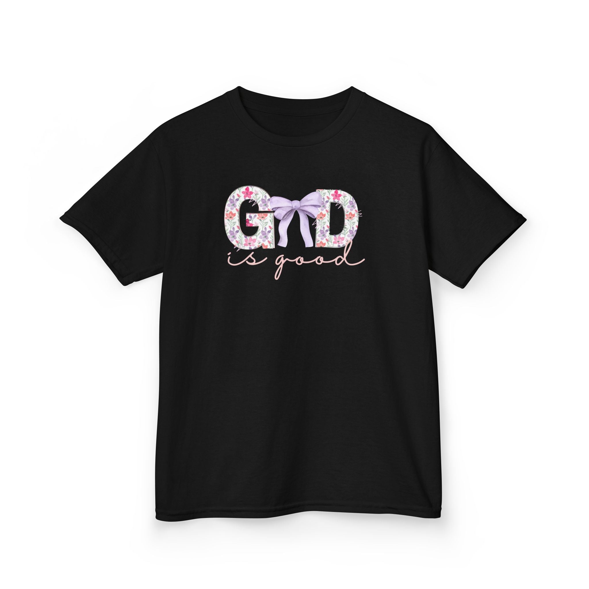 Kids Tee — "God Is Good" Floral Bow Christian Shirt