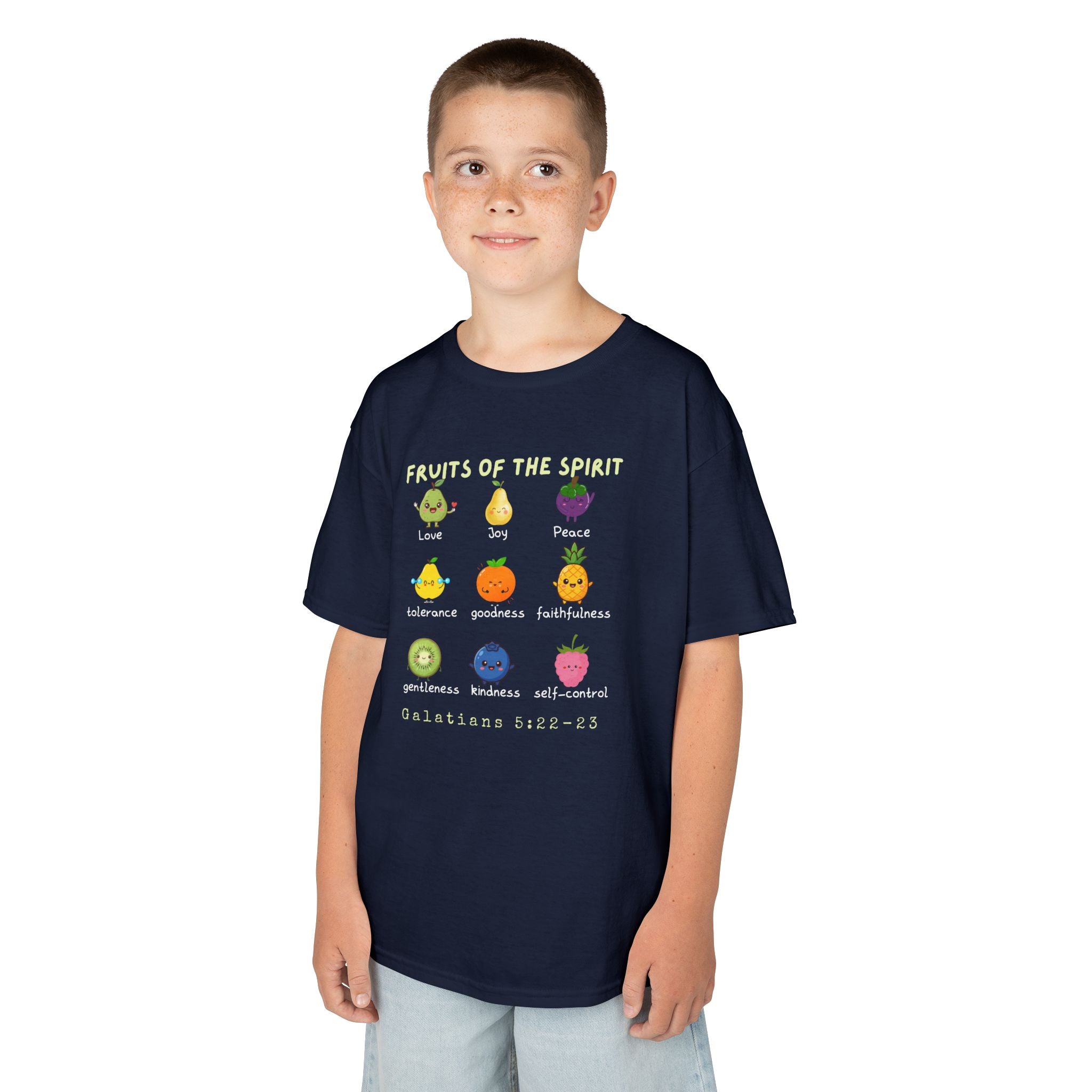 Fruits of the Spirit Kids T‑Shirt — Colorful Christian Bible Verse Tee (Galatians 5:22-23)
