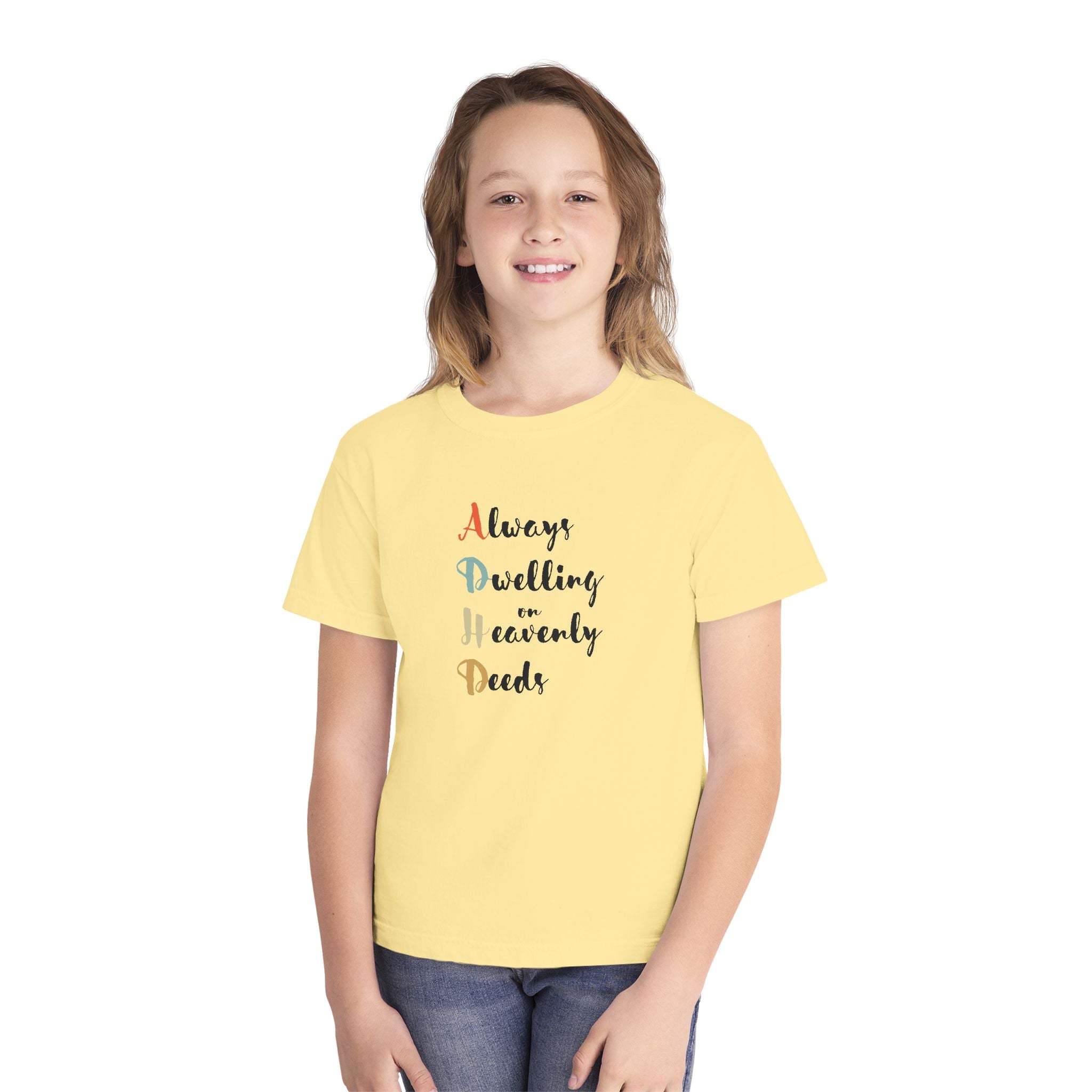 Youth Tee — "Always Dwelling on Heavenly Deeds" Inspirational Kids Shirt