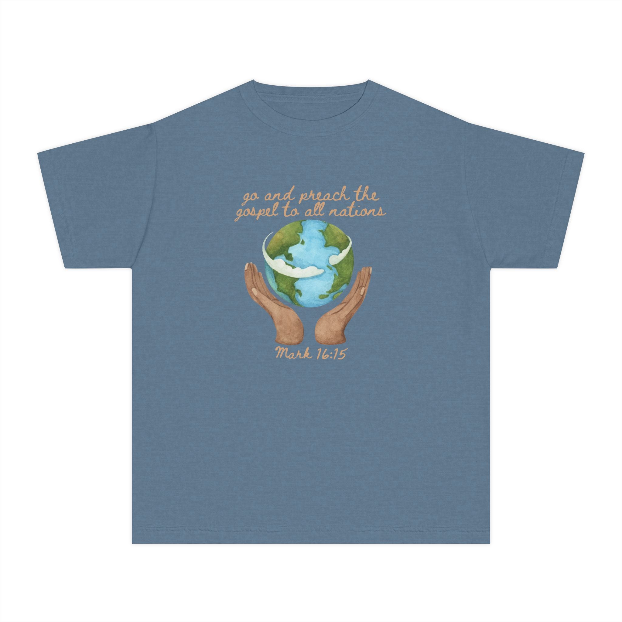 Youth Tee — 'Go and Preach the Gospel to All Nations' Earth Hands Bible Verse Shirt