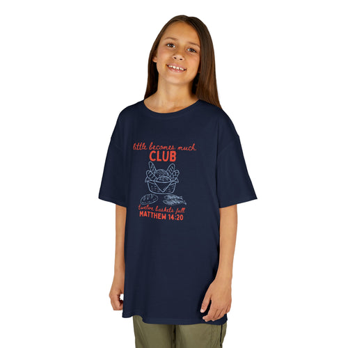 Retro "Little Becomes Much" Kids Christian T-Shirt | 5 Loaves and 2 Fish Miracle