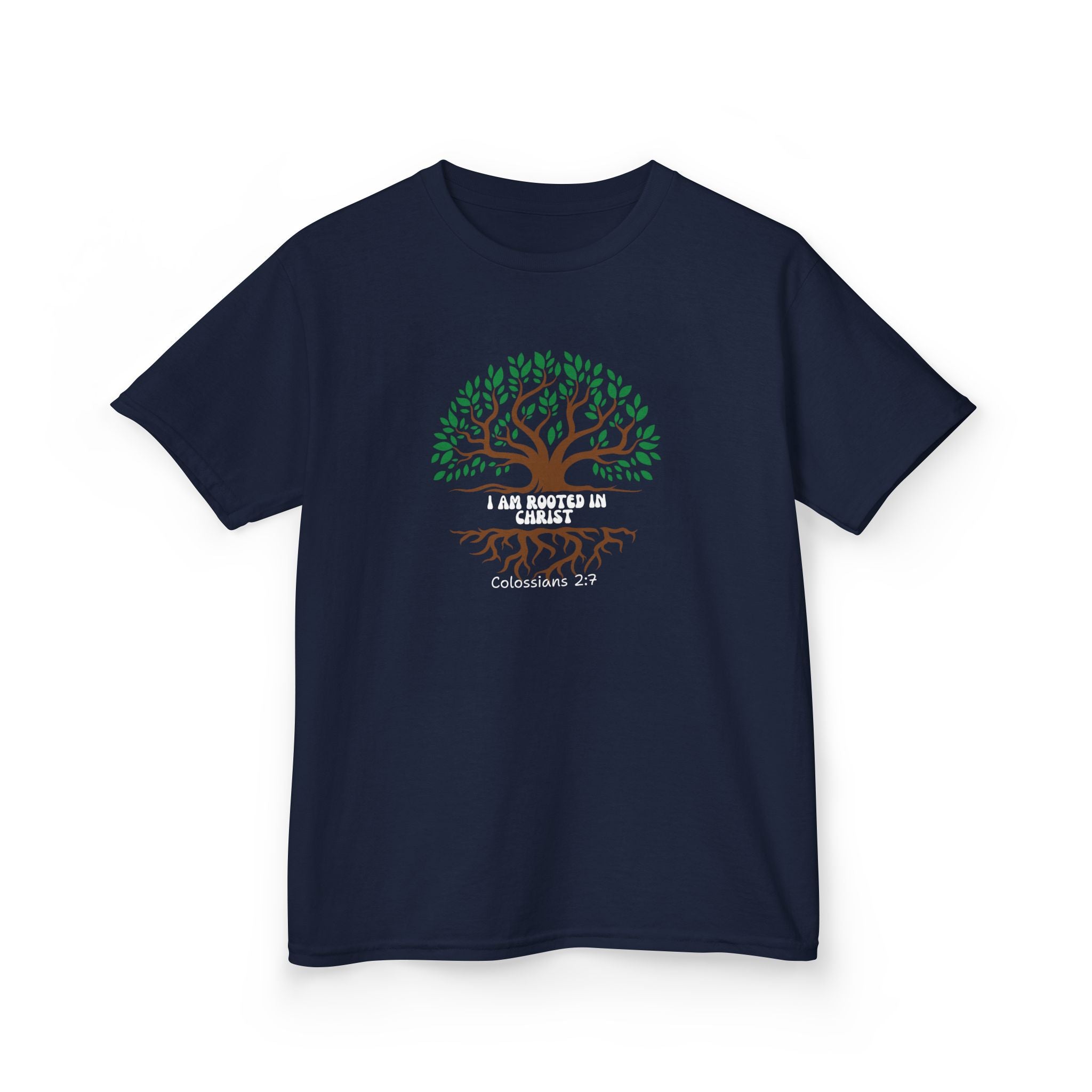 Kids Tee — "I Am Rooted & Built Up" Tree of Life Christian Scripture Shirt (Colossians 2:7)