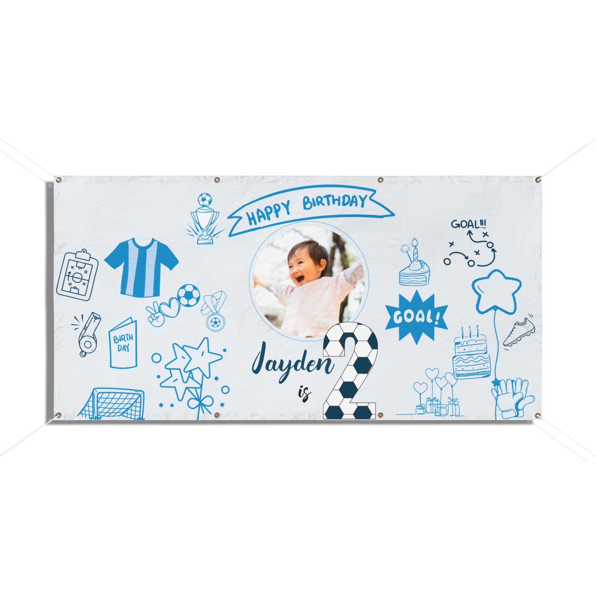Soccer Birthday Photo Banner, Vinyl Banner | Custom Name, Blue Doodle Sports Theme