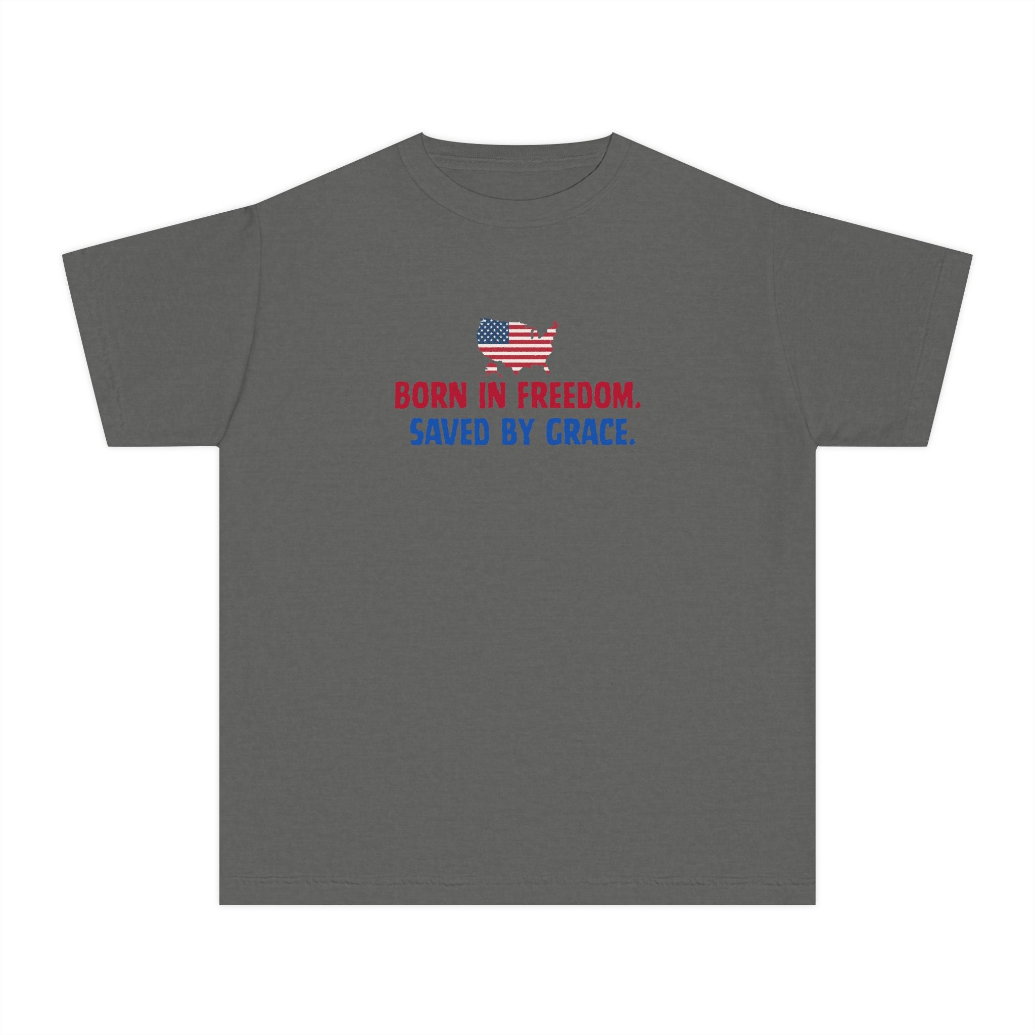 Youth Tee — "Born in freedom, saved by grace" Flag Design