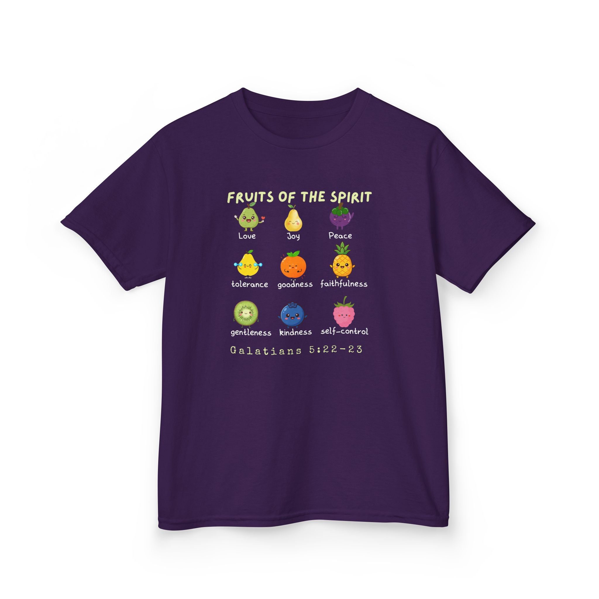 Fruits of the Spirit Kids T‑Shirt — Colorful Christian Bible Verse Tee (Galatians 5:22-23)