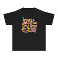 Youth Tee — Retro Floral 'Jesus Loves Me' Christian Kids Shirt