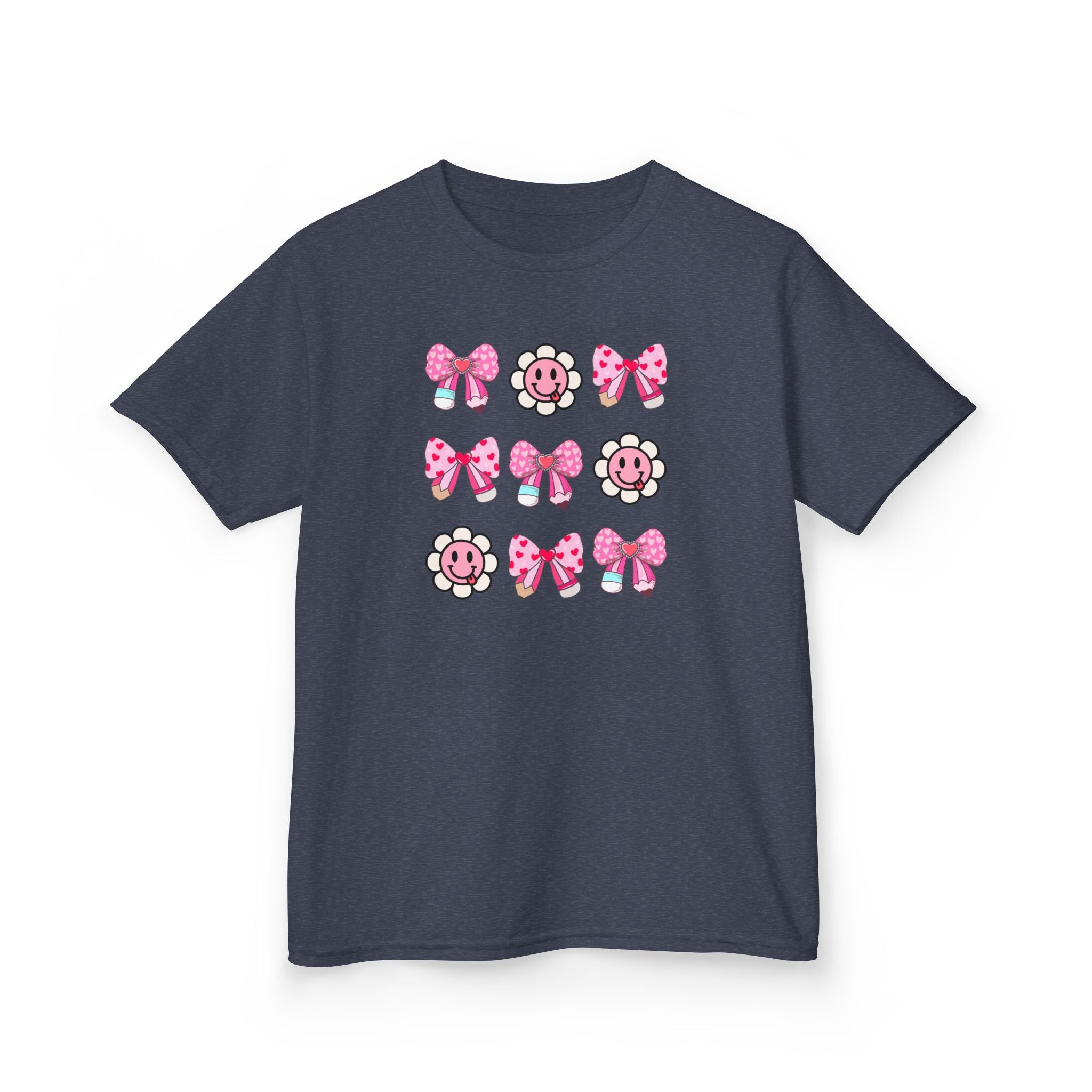 Kids Tee — Pink Bow & Smiling Flower Pattern Cute Graphic Shirt
