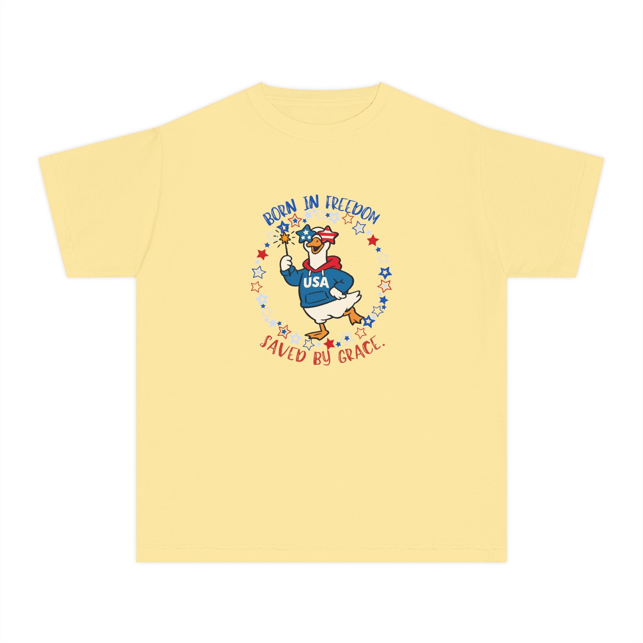 Youth T‑Shirt — "Born in Freedom, Saved by Grace" Patriotic Duck USA Tee