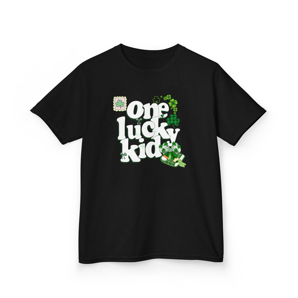 Black t-shirt with 'One lucky kid' text and shamrock graphics on a white background