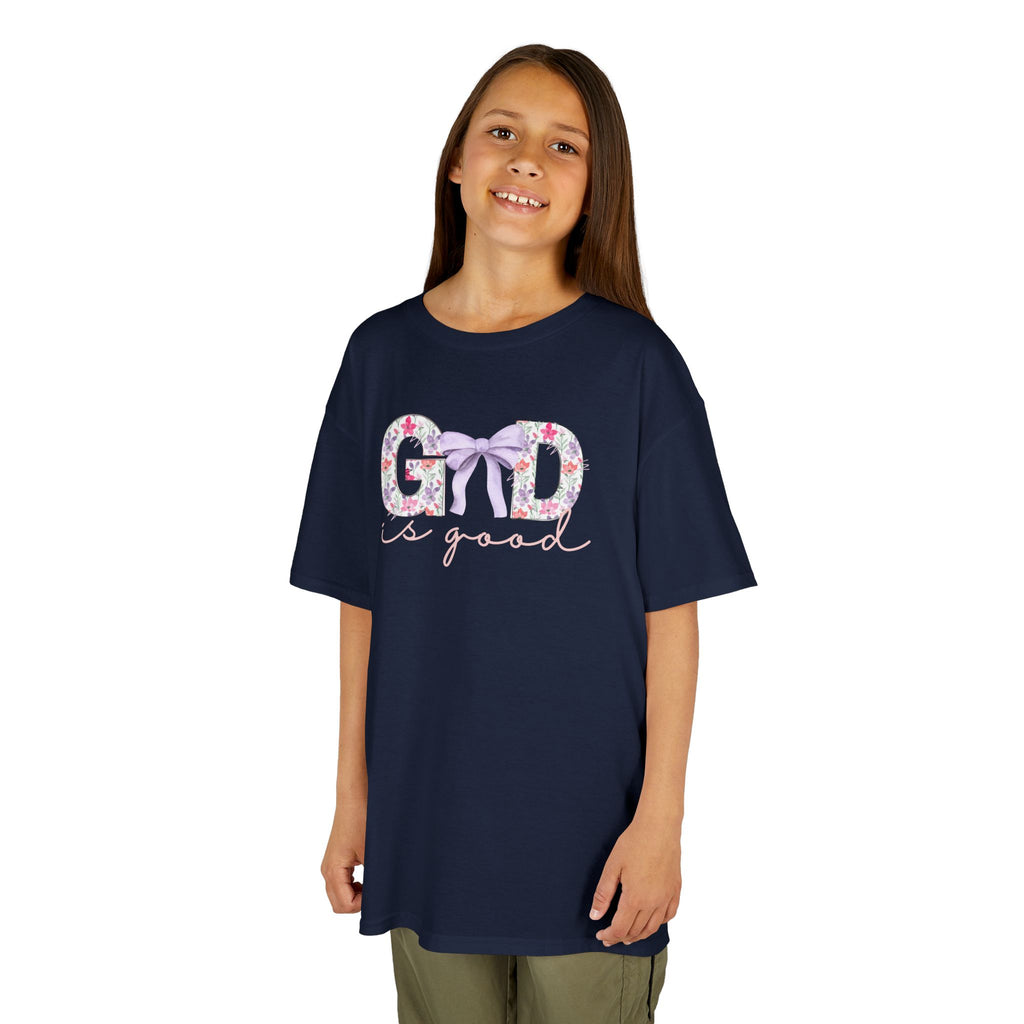 Kids Tee — "God Is Good" Floral Bow Christian Shirt