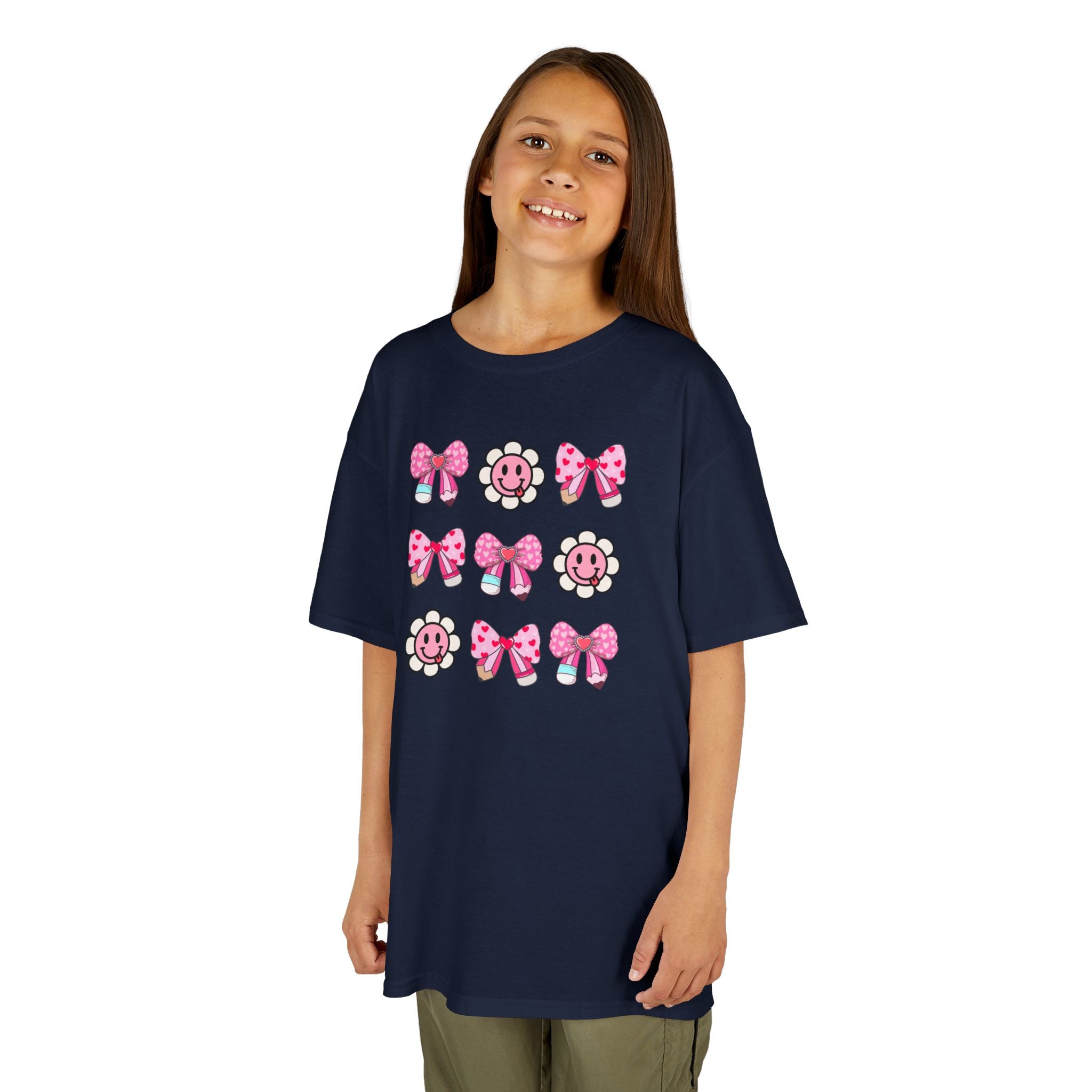 Kids Tee — Pink Bow & Smiling Flower Pattern Cute Graphic Shirt
