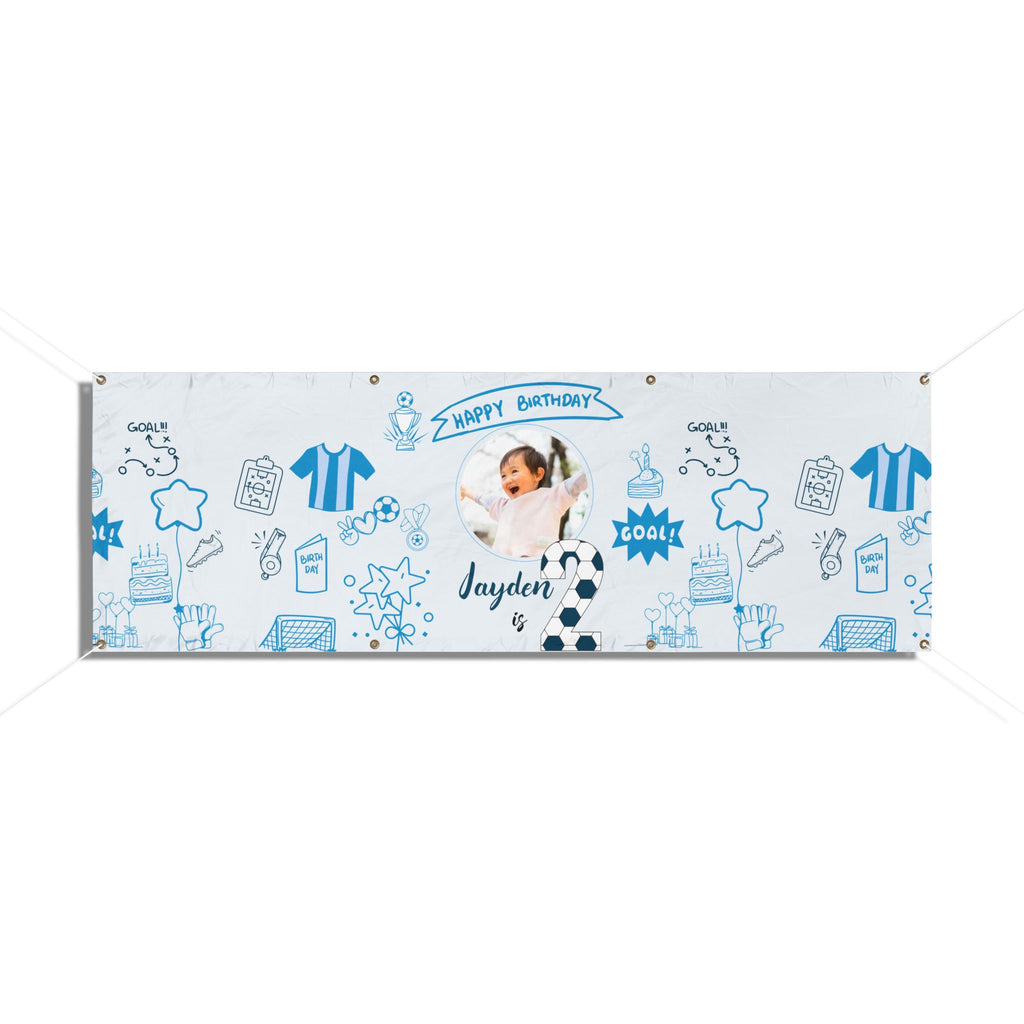 Soccer Birthday Photo Banner, Vinyl Banner | Custom Name, Blue Doodle Sports Theme