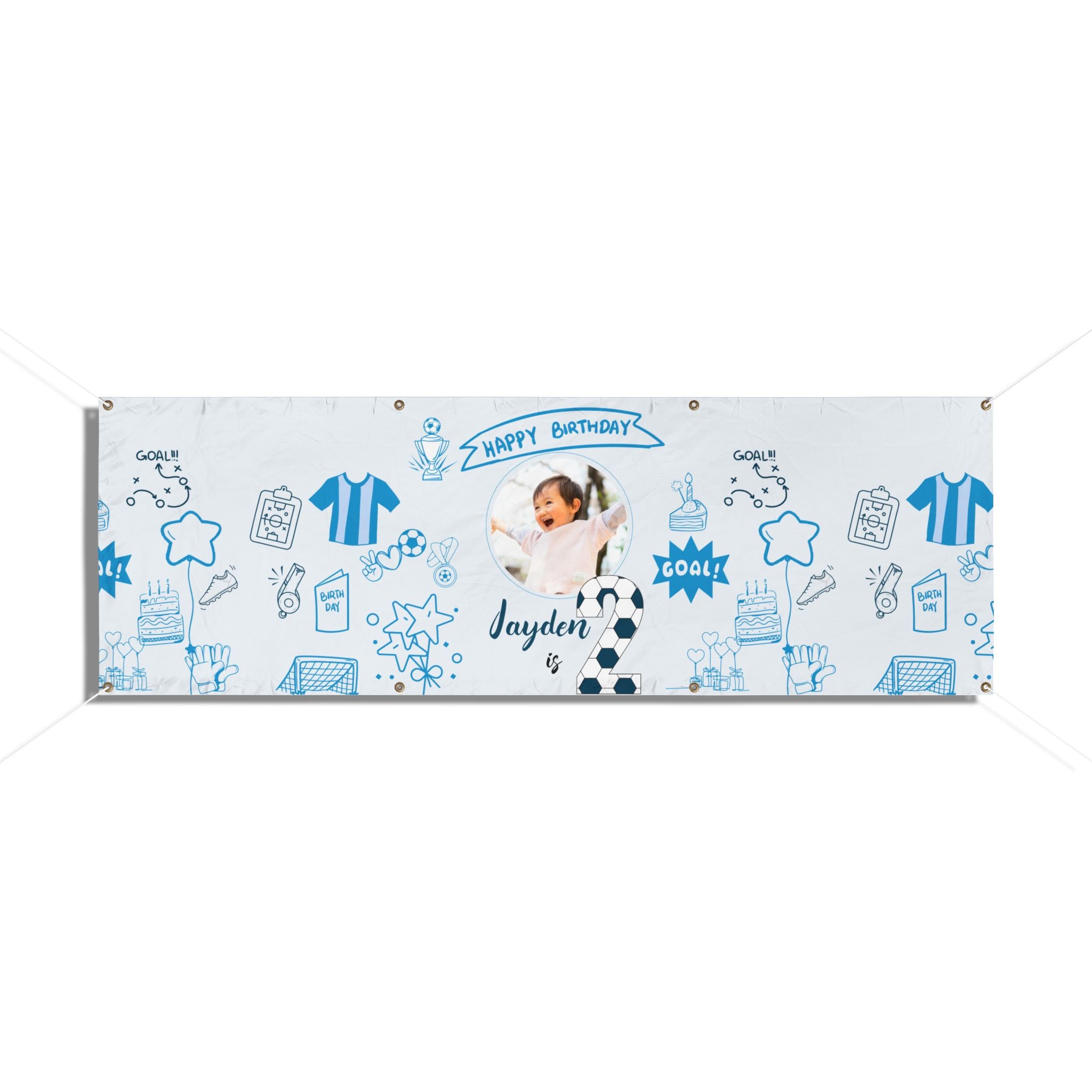 Soccer Birthday Photo Banner, Vinyl Banner | Custom Name, Blue Doodle Sports Theme