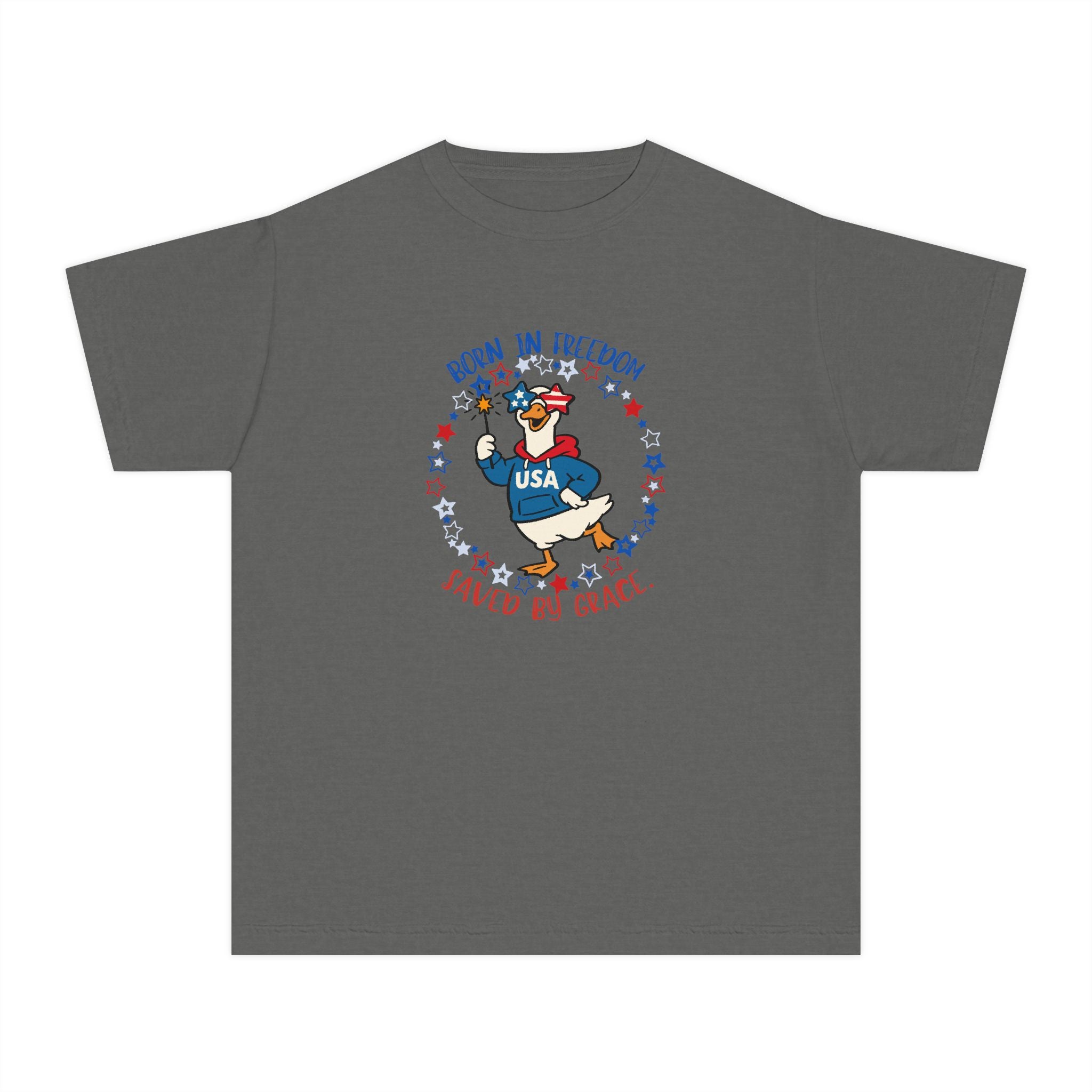 Youth T‑Shirt — "Born in Freedom, Saved by Grace" Patriotic Duck USA Tee