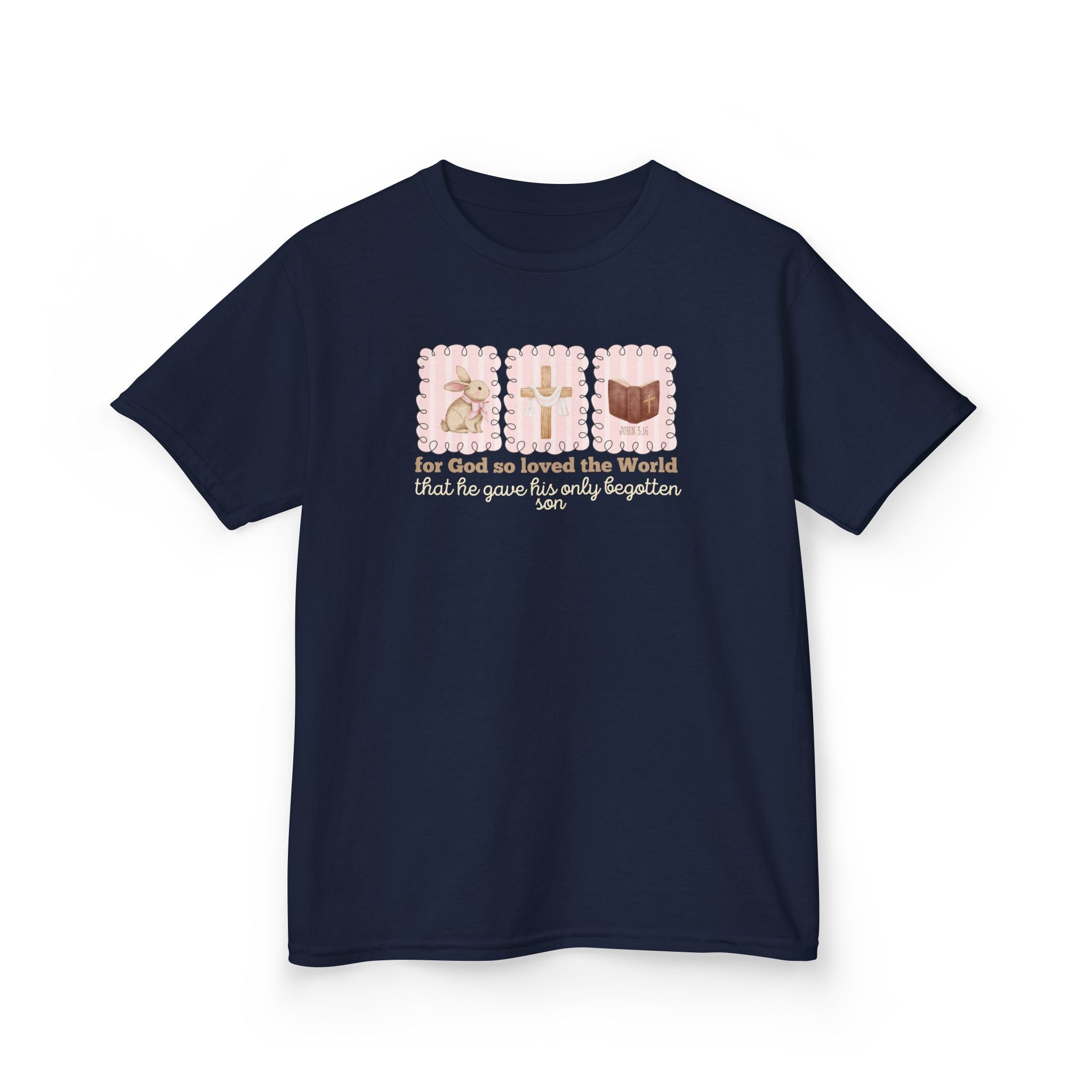 Kids Tee — 'For God So Loved the World' Cute Animal Cross Design