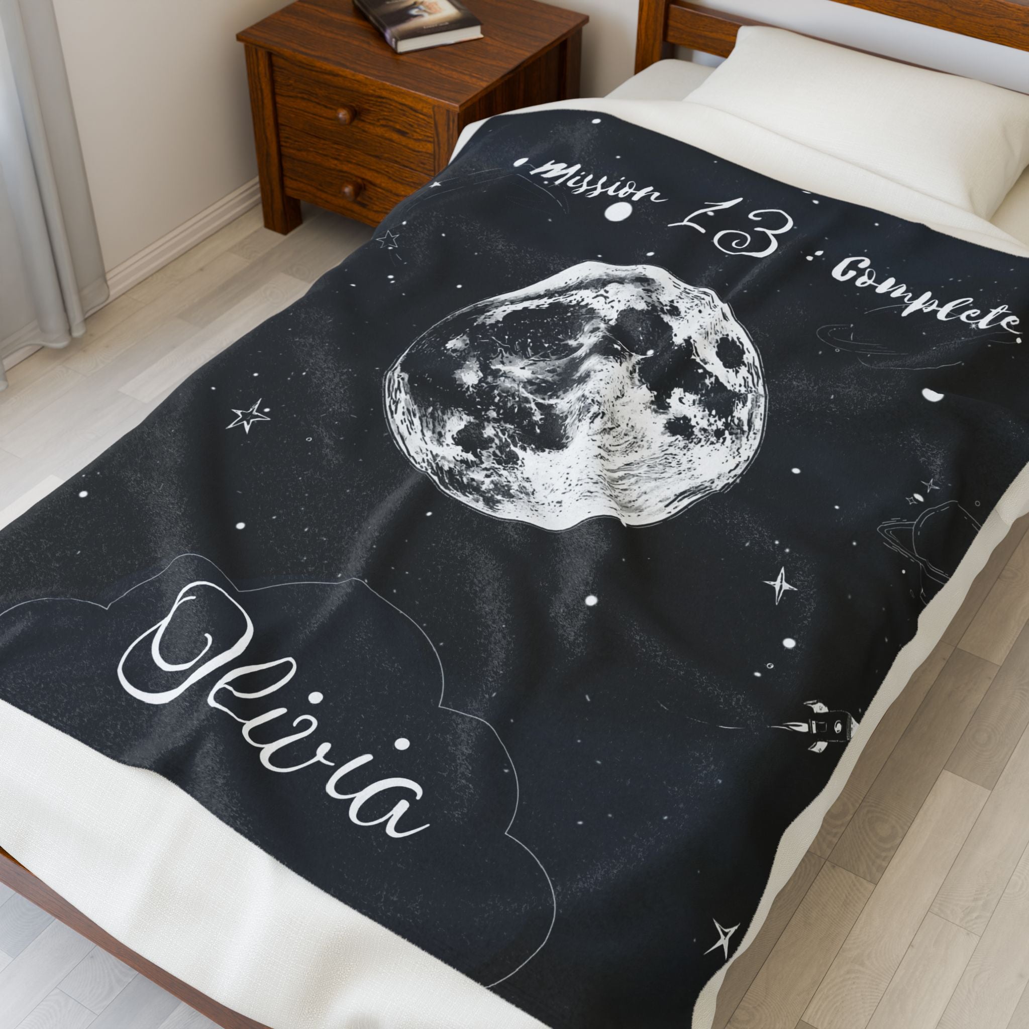 Personalized Moon & Stars Birthday Velveteen Plush Blanket – Custom Name & Age