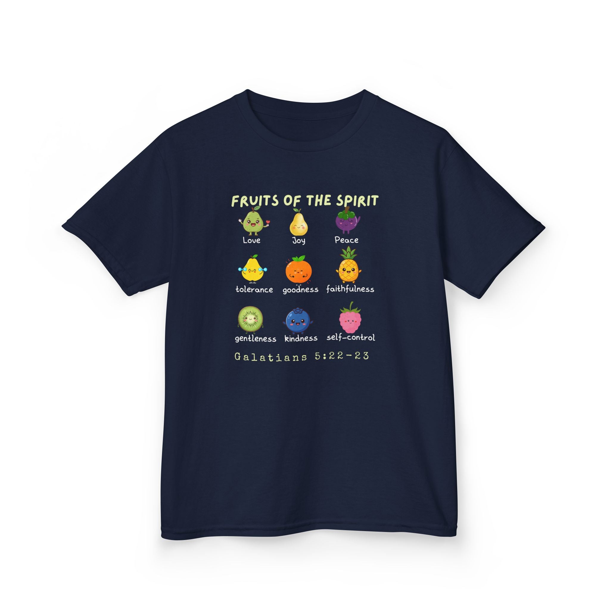 Fruits of the Spirit Kids T‑Shirt — Colorful Christian Bible Verse Tee (Galatians 5:22-23)