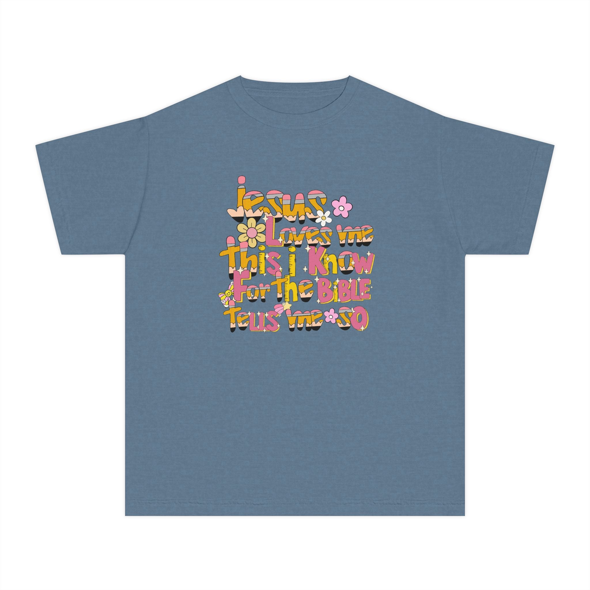 Youth Tee — Retro Floral 'Jesus Loves Me' Christian Kids Shirt