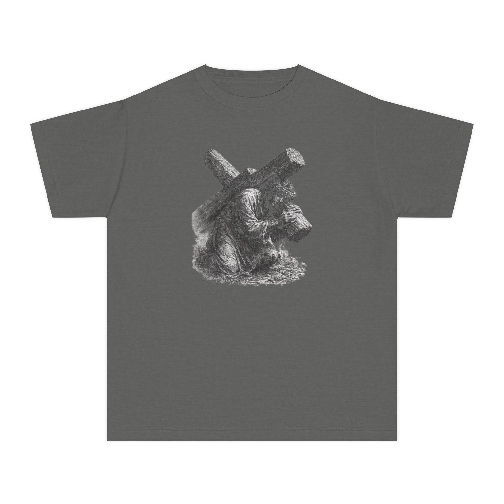 Kneeling Jesus Carrying Cross Youth Tee